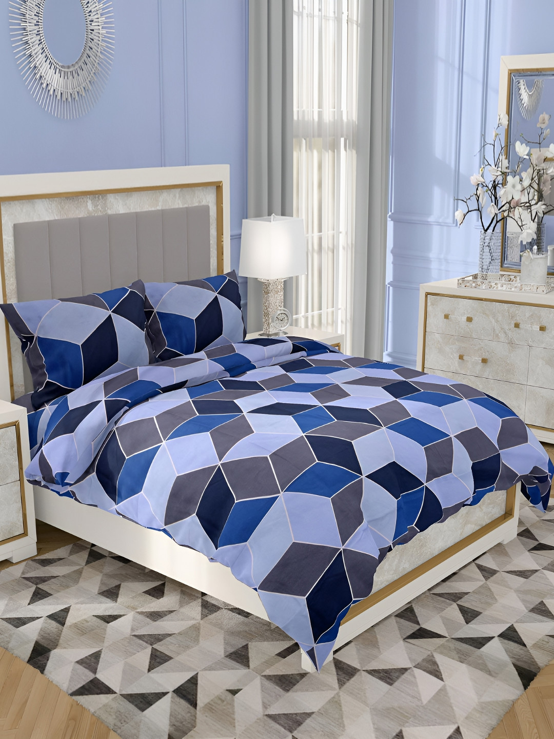RRC Blue & Grey Geometric Printed Single Duvet Cover With Zipper & Ties
