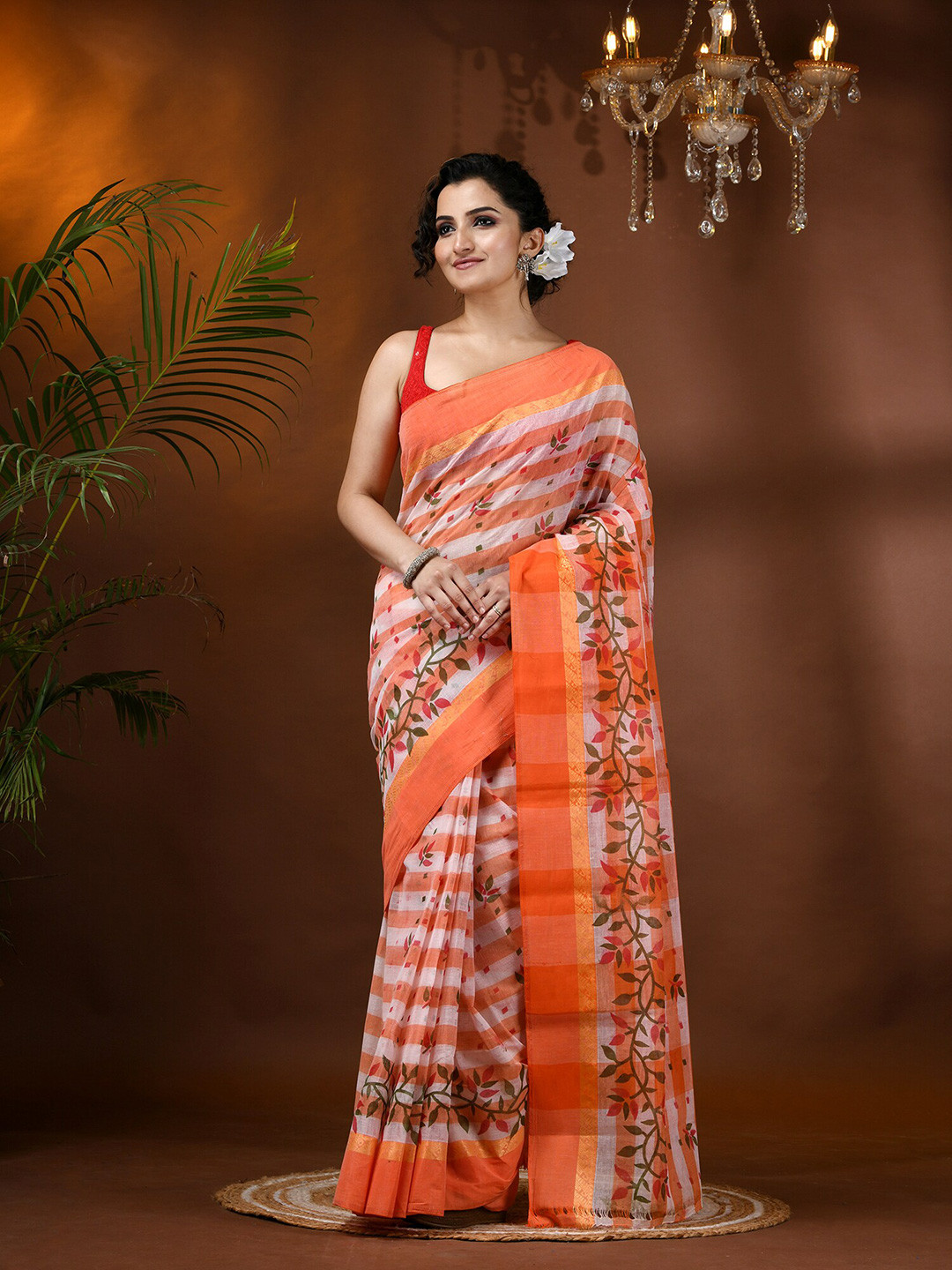 DESH BIDESH Floral Pure Cotton Block Print Saree without blouse