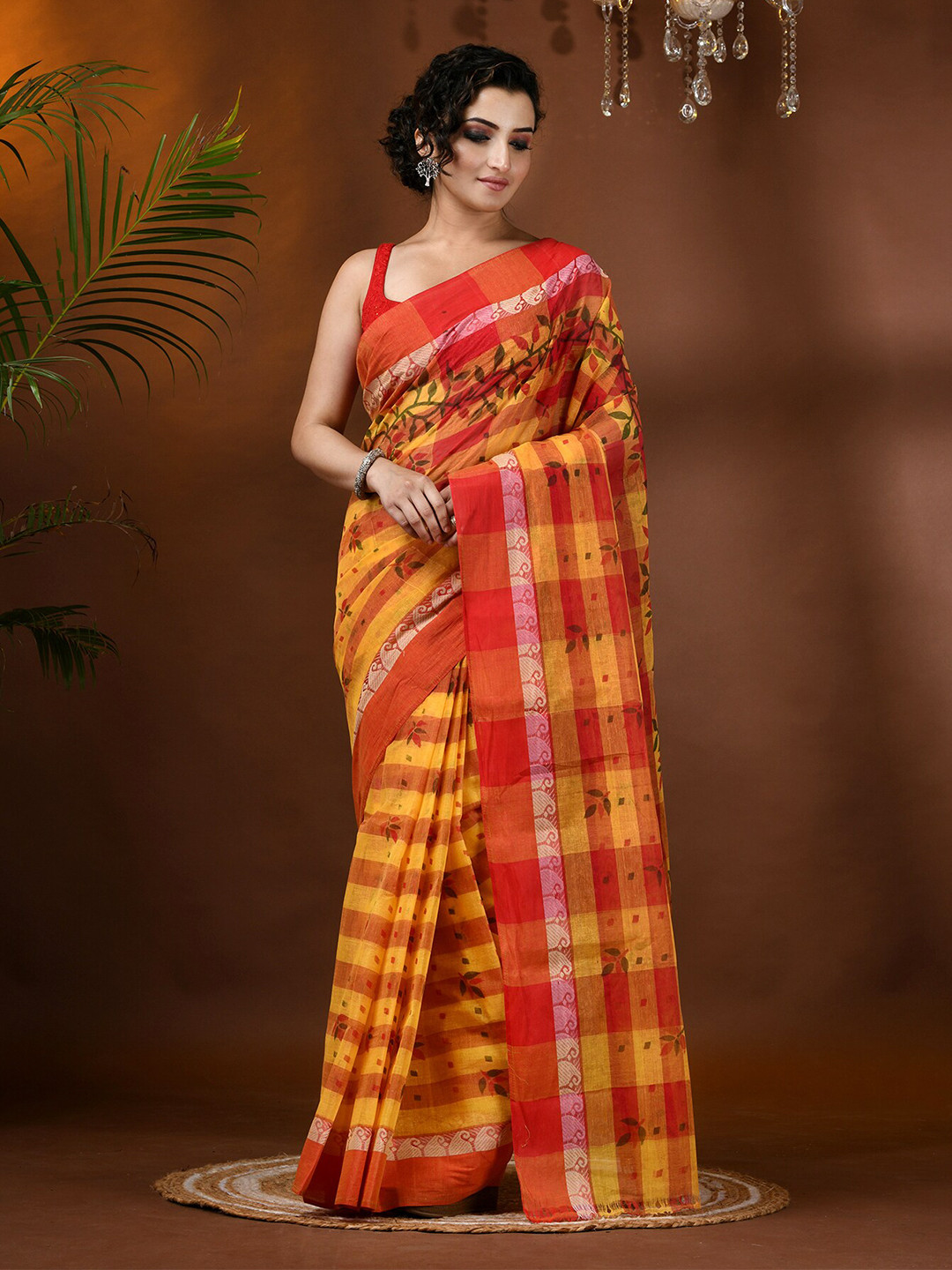 DESH BIDESH Floral Pure Cotton Block Print Saree without Blouse