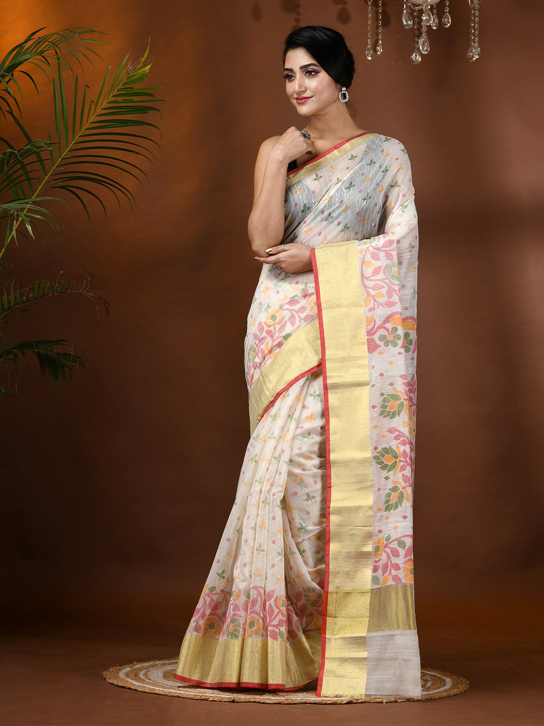 DESH BIDESH Woven Self Design Floral Pure Cotton Zari Saree