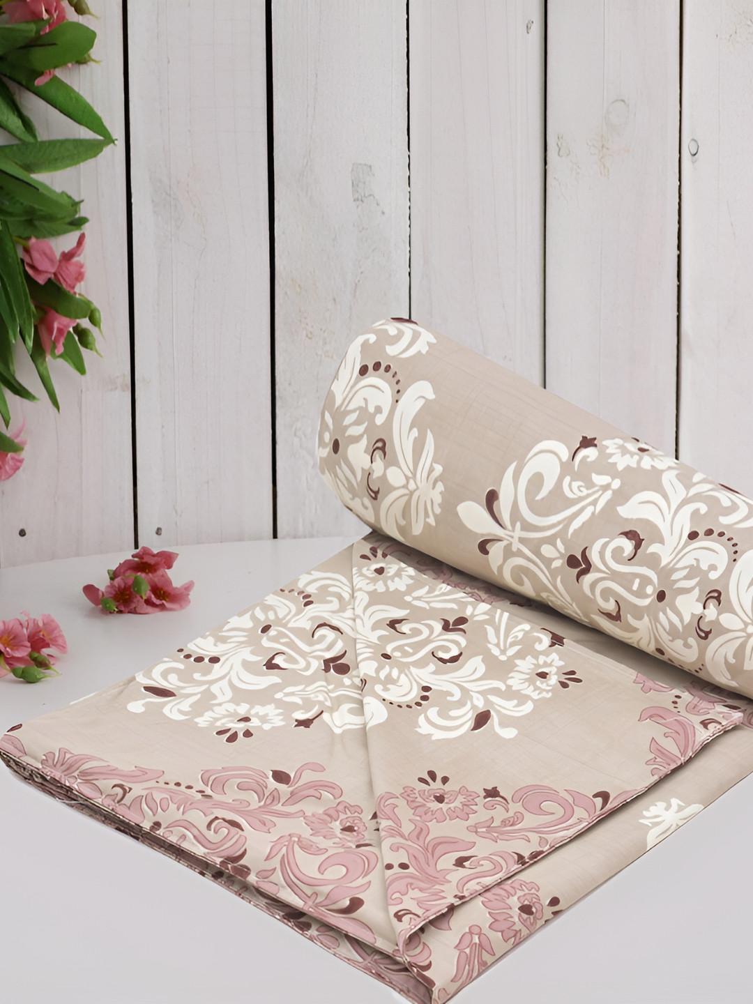 RRC Beige Printed  Double Queen Duvet Cover With Zipper & Ties