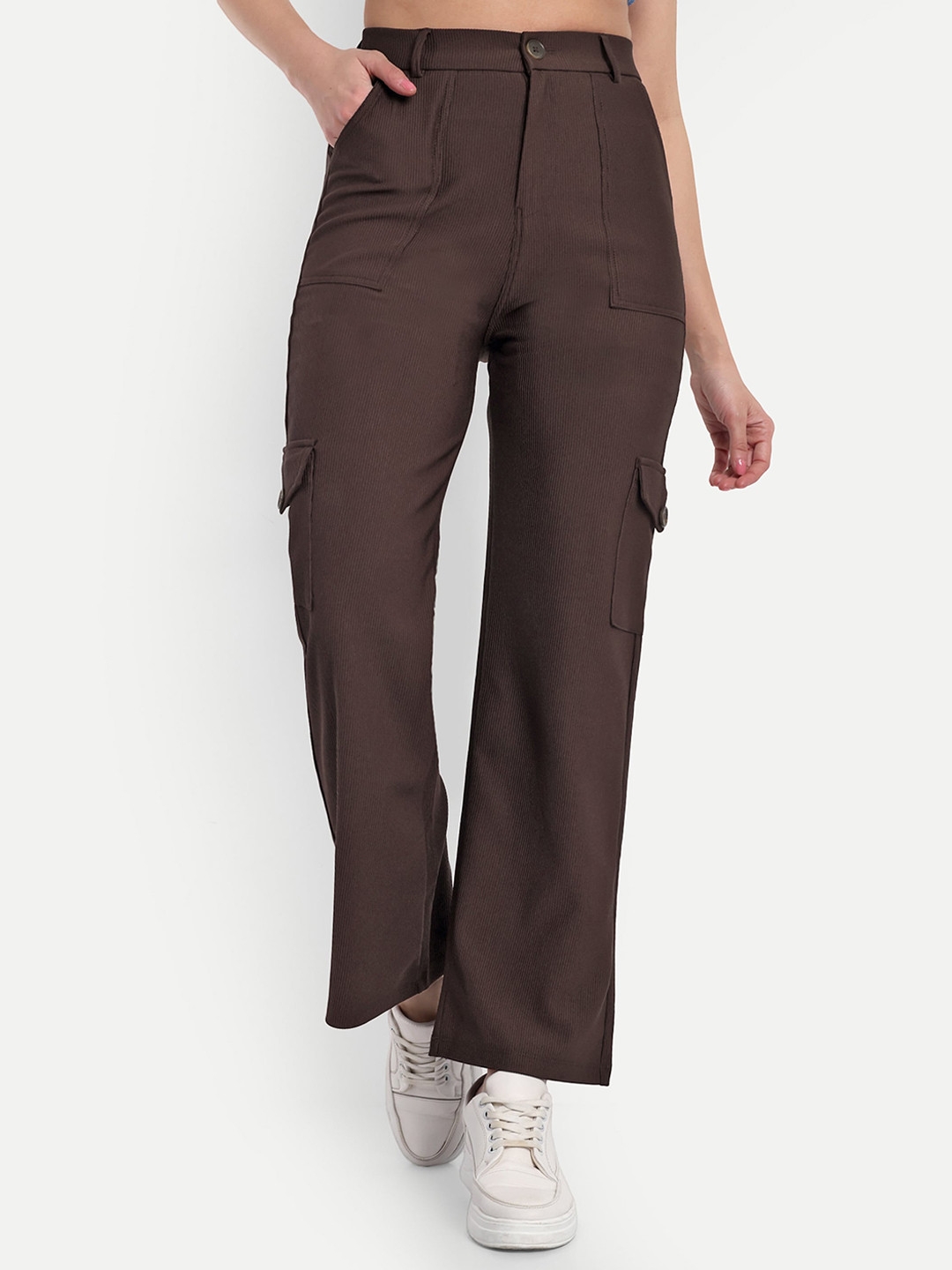 BROADSTAR Women Straight Fit Caorduroy High- Rise Stretchable Cargo Trousers