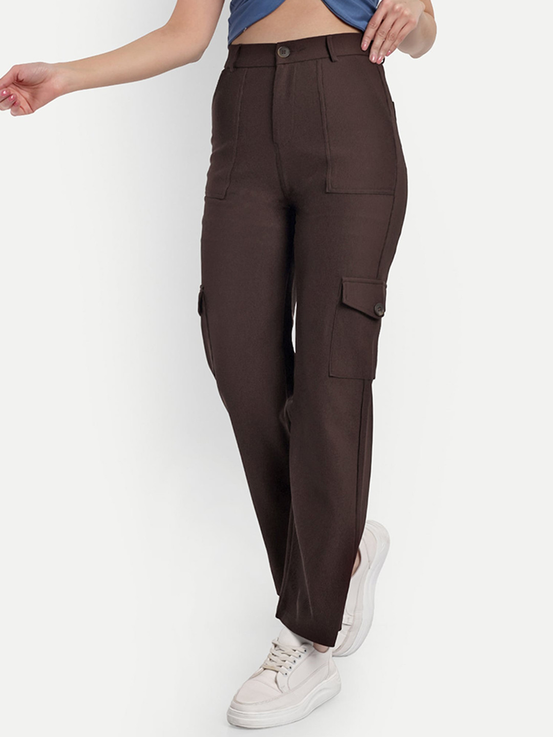 BROADSTAR Women Straight Fit Caorduroy High- Rise Stretchable Cargo Trousers