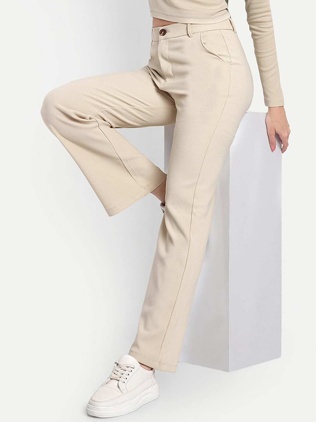 BROADSTAR Women Smart Straight Fit High Rise Easy Wash Corduroy Chinos Trousers