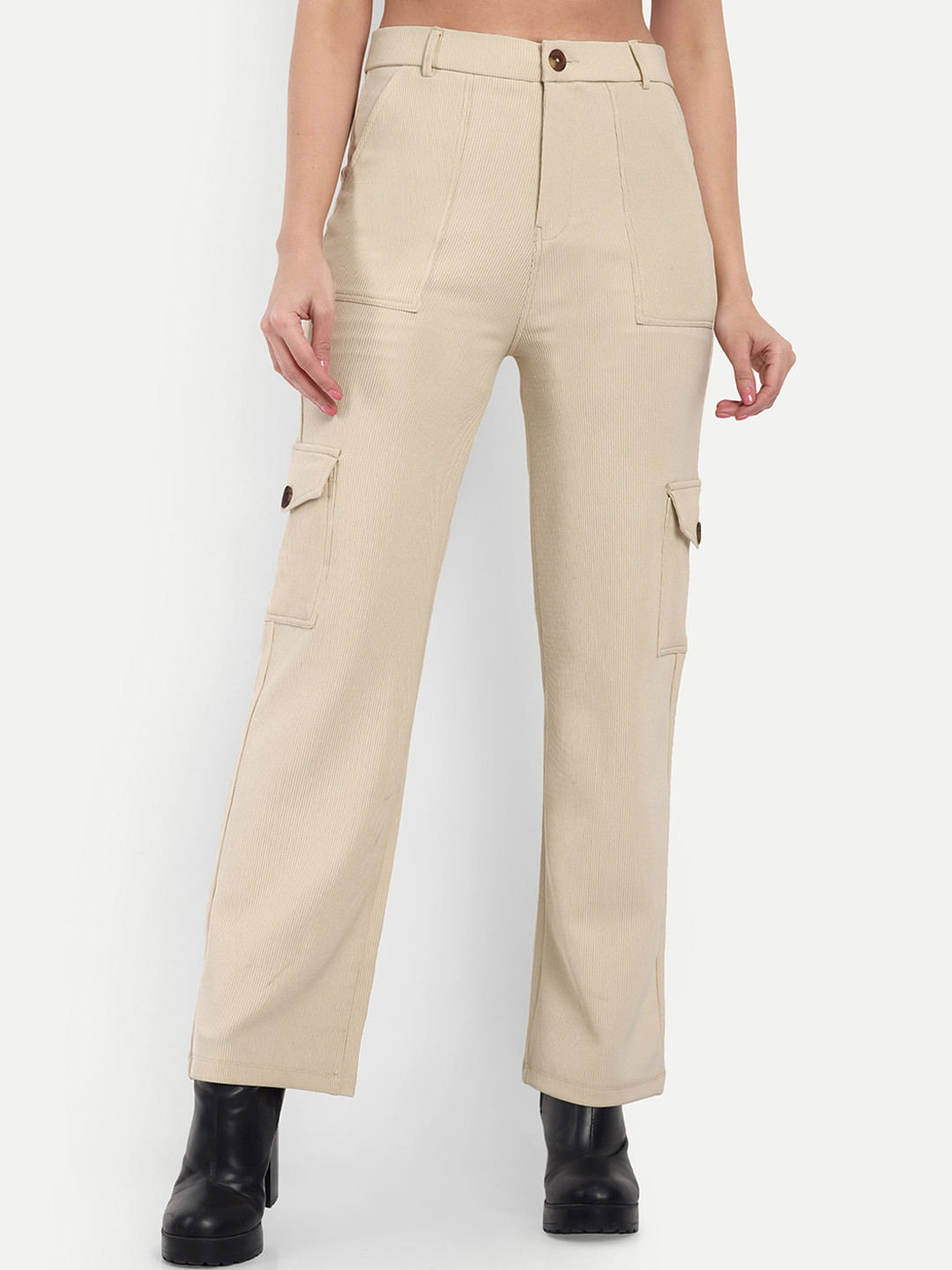 BROADSTAR Women Smart Straight Fit High-Rise Easy Wash Corduroy Cargos