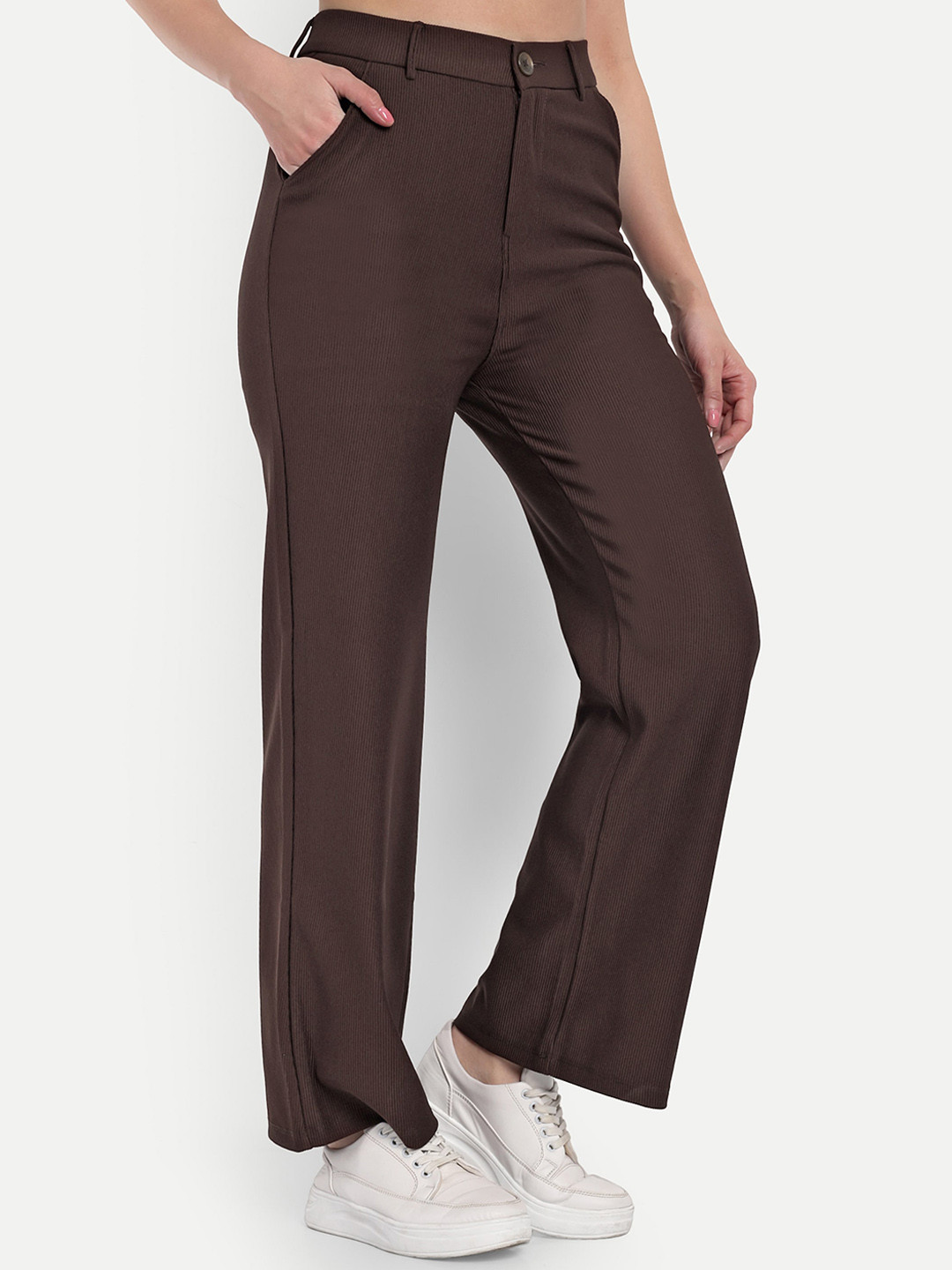 BROADSTAR Women Smart Straight Fit High-Rise Easy Wash Corduroy Parallel Trousers