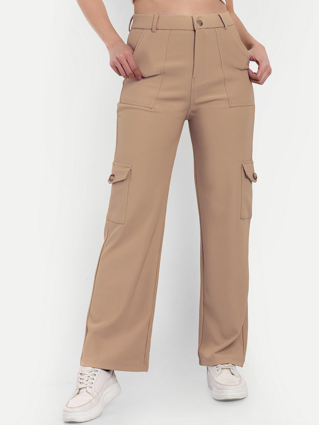 BROADSTAR Women Smart Straight Fit High-Rise Easy Wash Corduroy Cargos Trousers