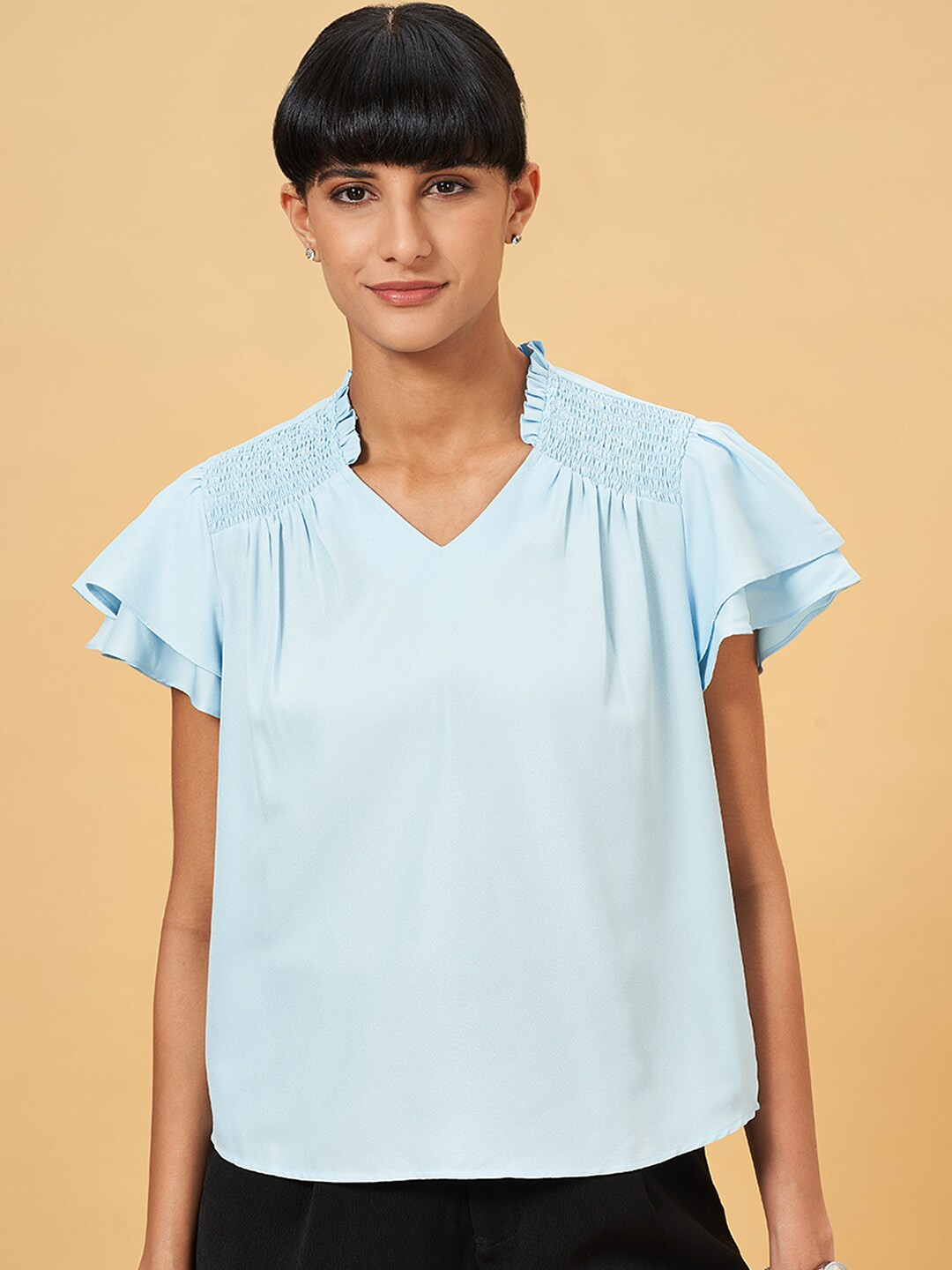 Annabelle by Pantaloons Mandarin Collar Flutter Sleeve Smocked Top