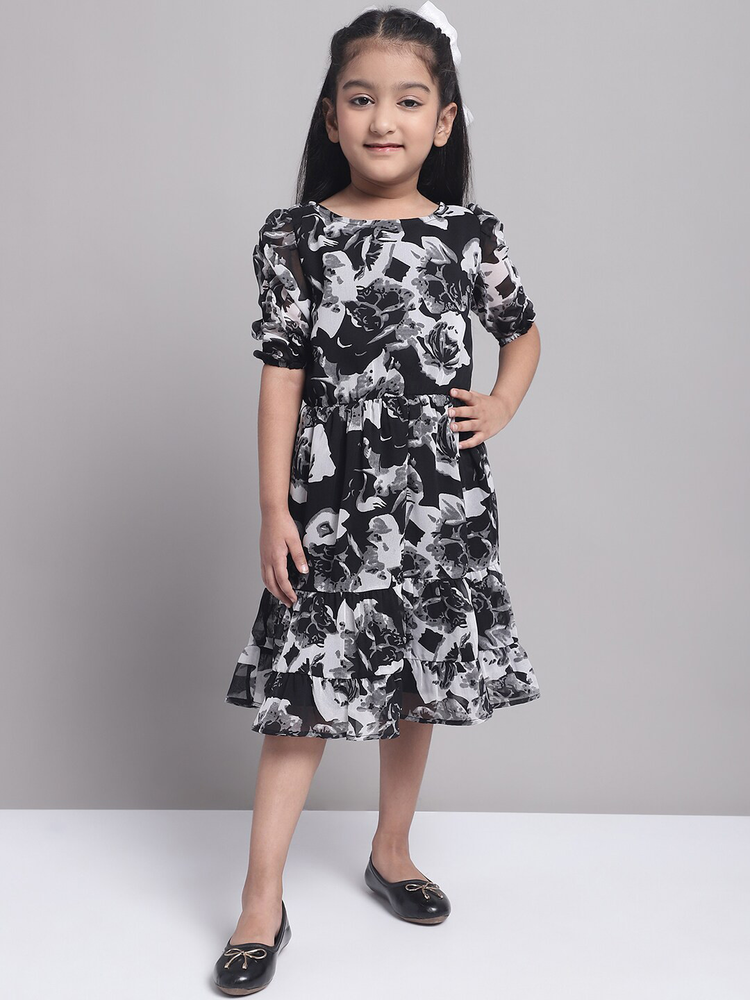 MINI & MING Girls Floral Print Puff Sleeves Georgette Fit & Flare Dress