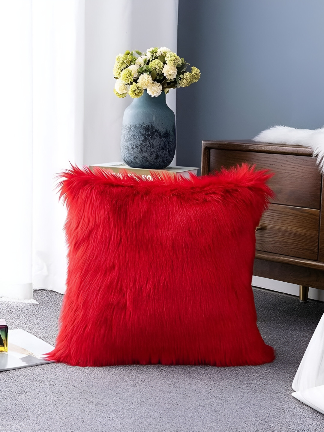 MONKDECOR Red Fur Washable 2 Pcs Square Cushion Covers - 16 x 16 In