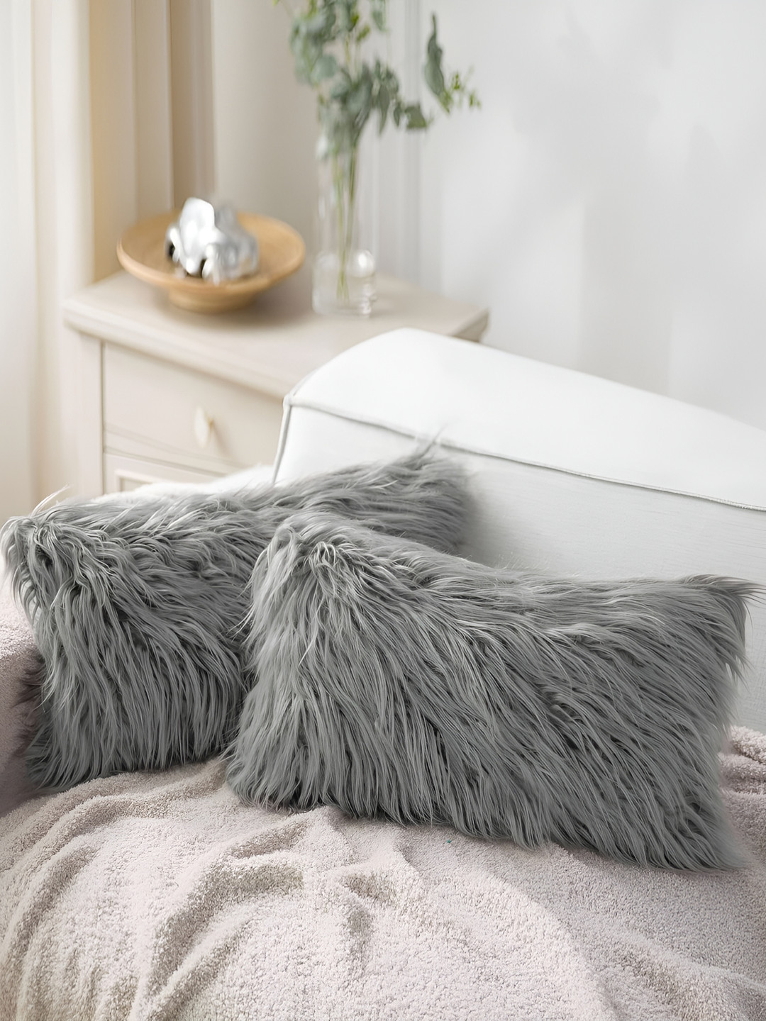 MONKDECOR Grey Quirky Fur Washable 2 Textured Rectangle Cushion Covers -12x18In