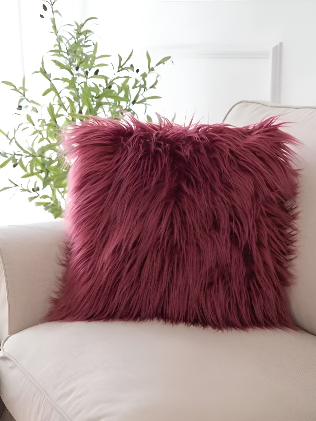 MONKDECOR Maroon Self Design Fur Washable 3 Piece Textured Square Cushion Covers -16x16In