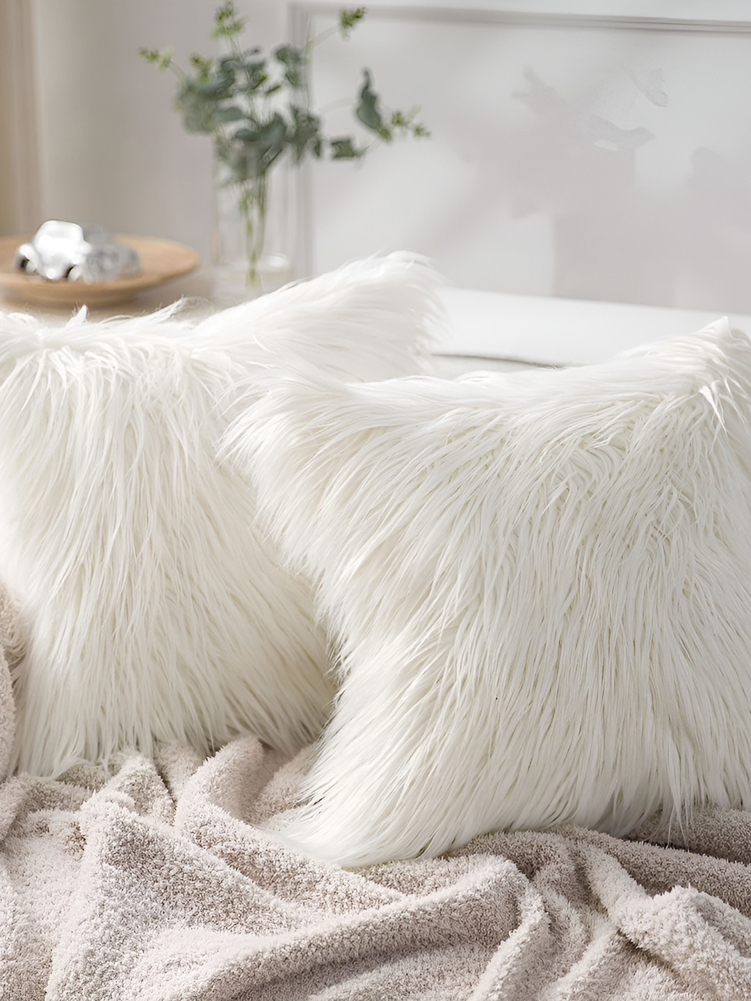 MONKDECOR White Fur Washable 2 Pcs Square Cushion Covers - 18 x 18 In