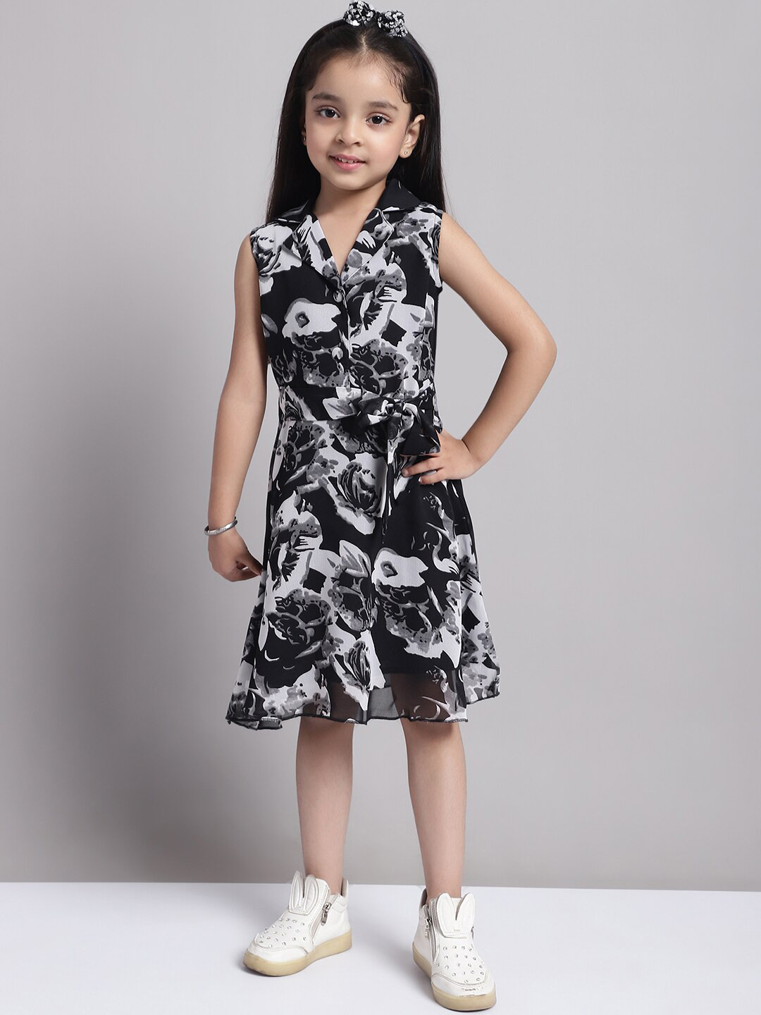 MINI & MING Girls Floral Printed V-Neck Sleeveless Georgette A-Line Dress