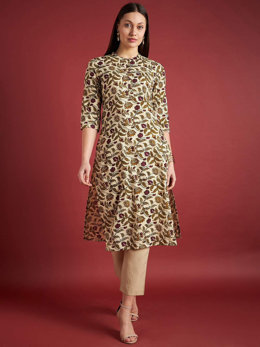 all about you X fwd Ethnic Motifs Band Collar Printed Pure Cotton Kurta