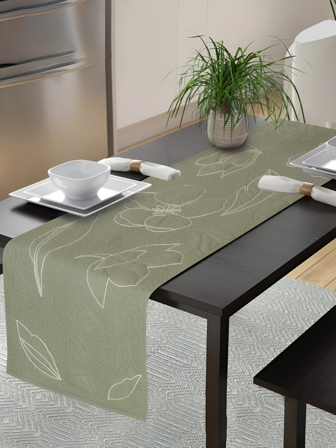 eyda Olive-Green Ethnic Motifs Quilted Cotton Table Runner