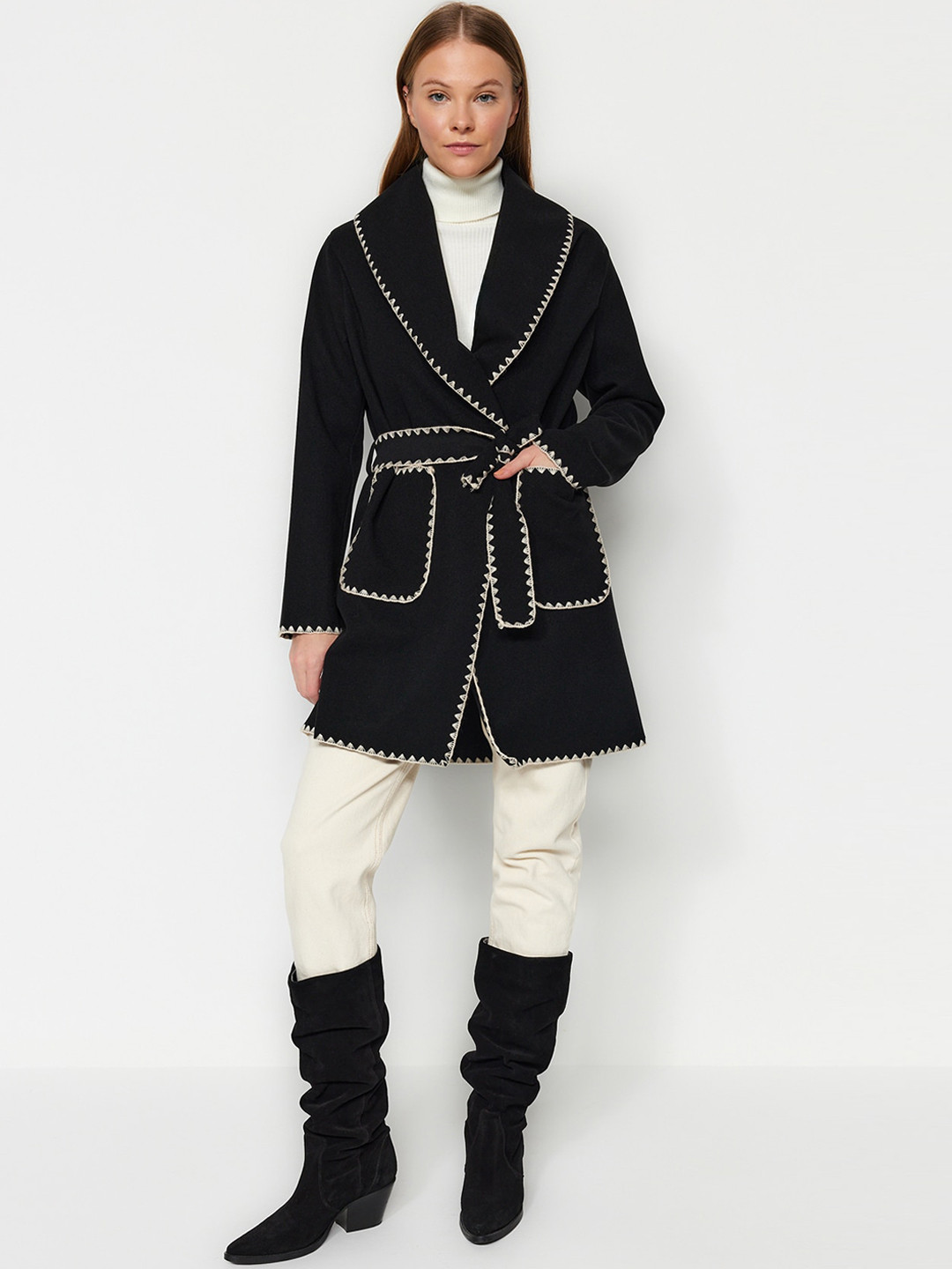 Trendyol Self Design Shawl Collar Cotton Trench Coat