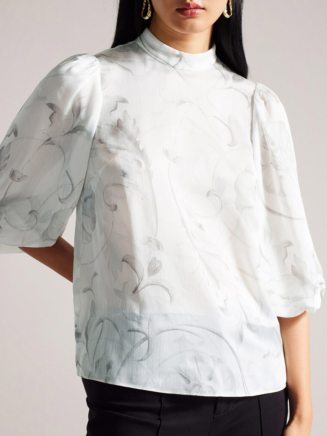 Ted Baker Floral Print Mandarin Collar Puff Sleeve Shirt Style Longline Top