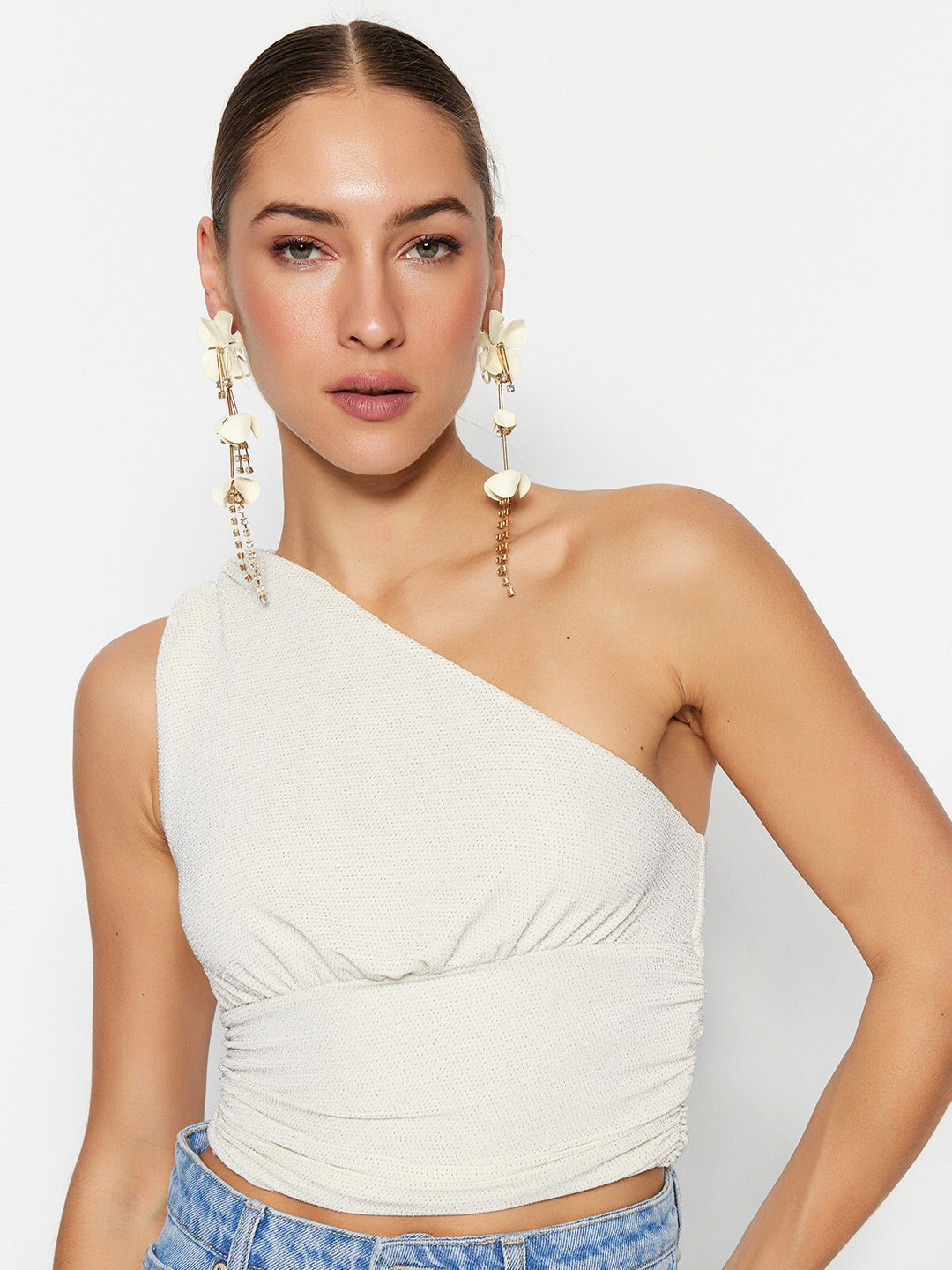 One Shoulder Gathered Fitted Crop Draped Top