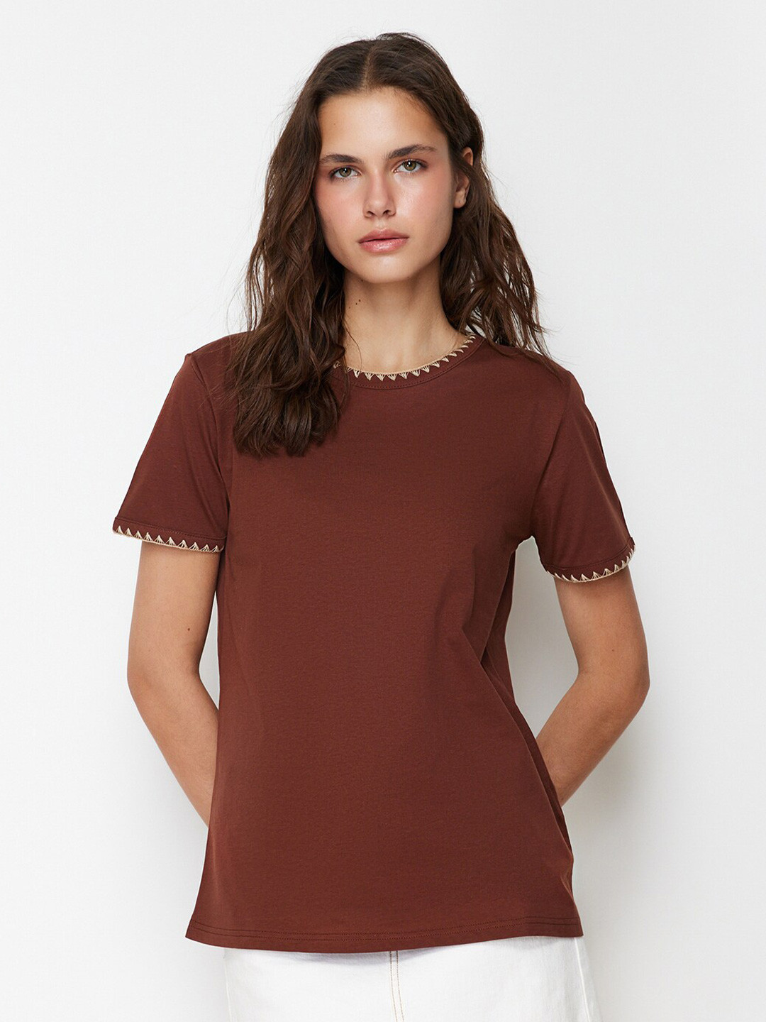 Trendyol Thread Work Round Neck Cotton T-shirt