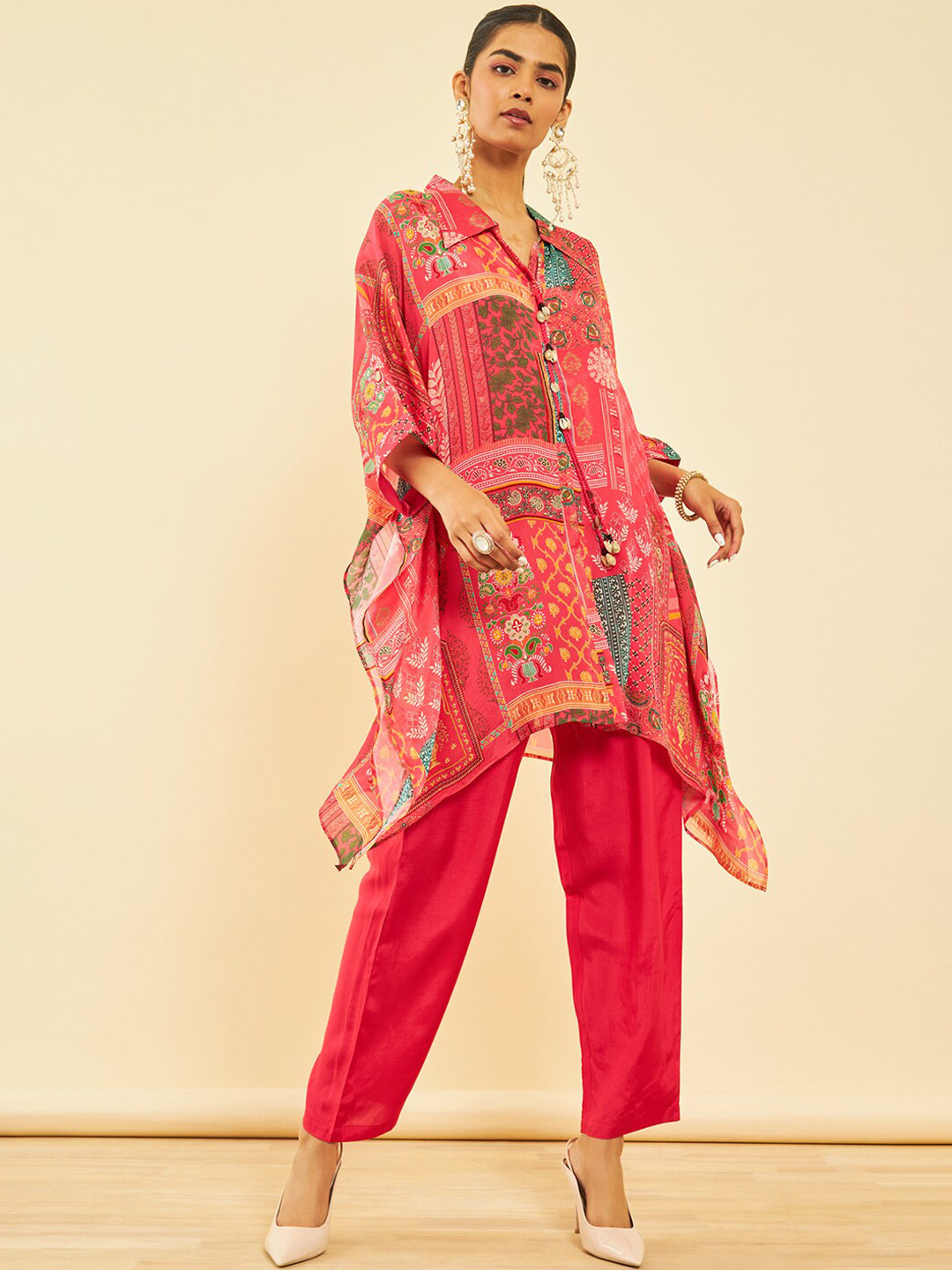 Soch Peach Coloured Floral Printed Kaftan Kurta With Inner & Trouser