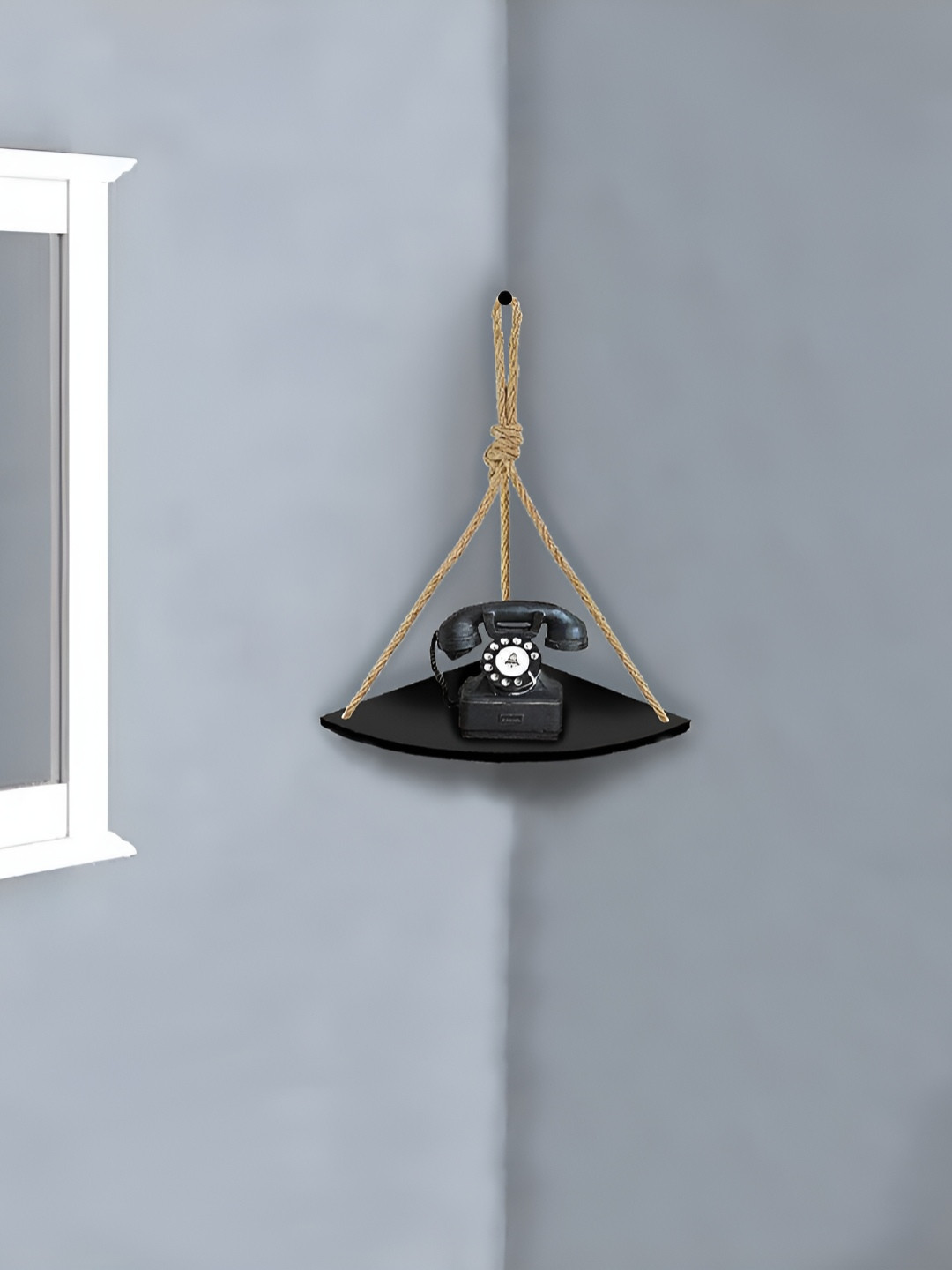 VAH Kya Bat Hai !! Black & Brown Wooden & Rope Hanging Wall Shelves