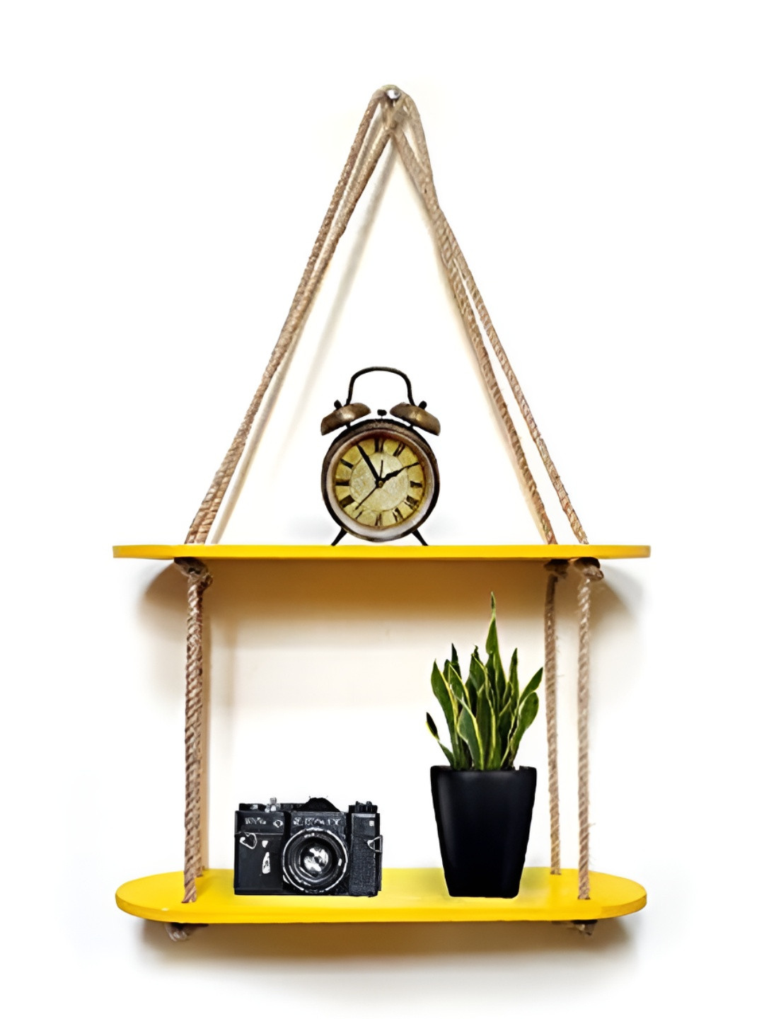 VAH Kya Bat Hai !! Yellow & Beige Wooden & Rope 2 Layer Hanging Wall Shelves