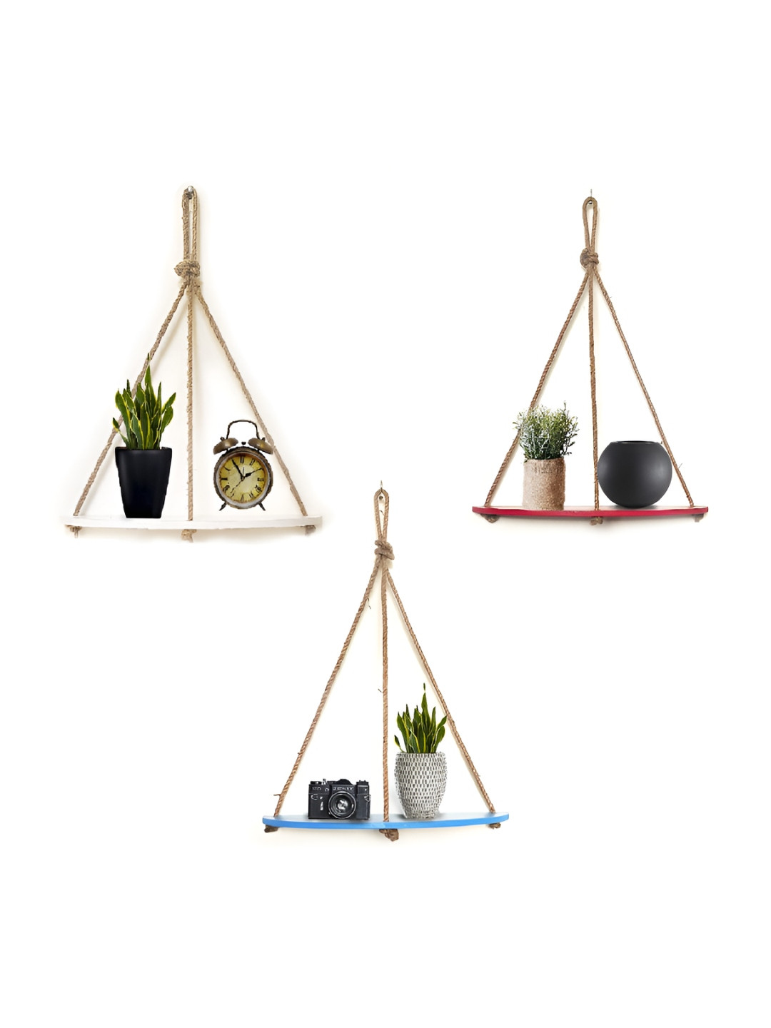 VAH Kya Bat Hai !! Blue & Red 3 Pieces Wooden & Rope Hanging Wall Shelves