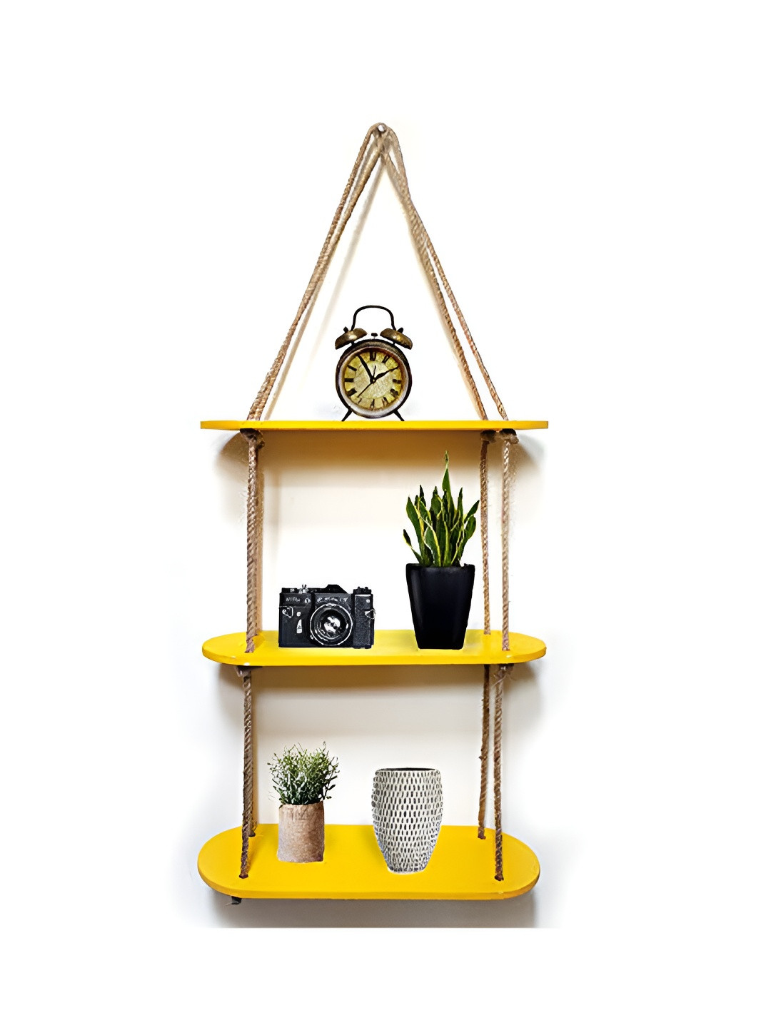 VAH Kya Bat Hai !! Yellow & Brown Wooden & Rope 3 Layer Hanging Wall Shelves