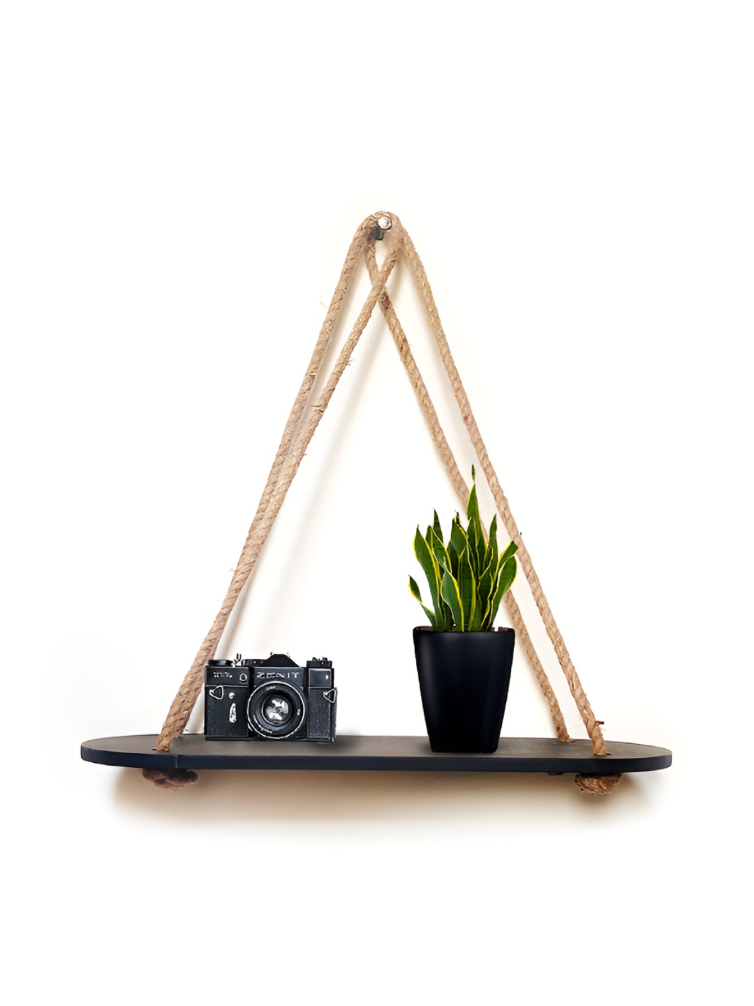 VAH Kya Bat Hai !! Black & Beige Wooden & Rope Hanging Wall Shelves