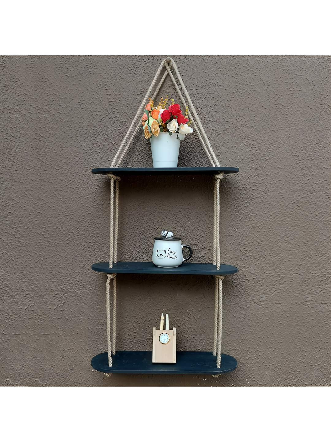 VAH Kya Bat Hai !! Black & White Wooden & Rope 3 Layer Hanging Wall Shelves