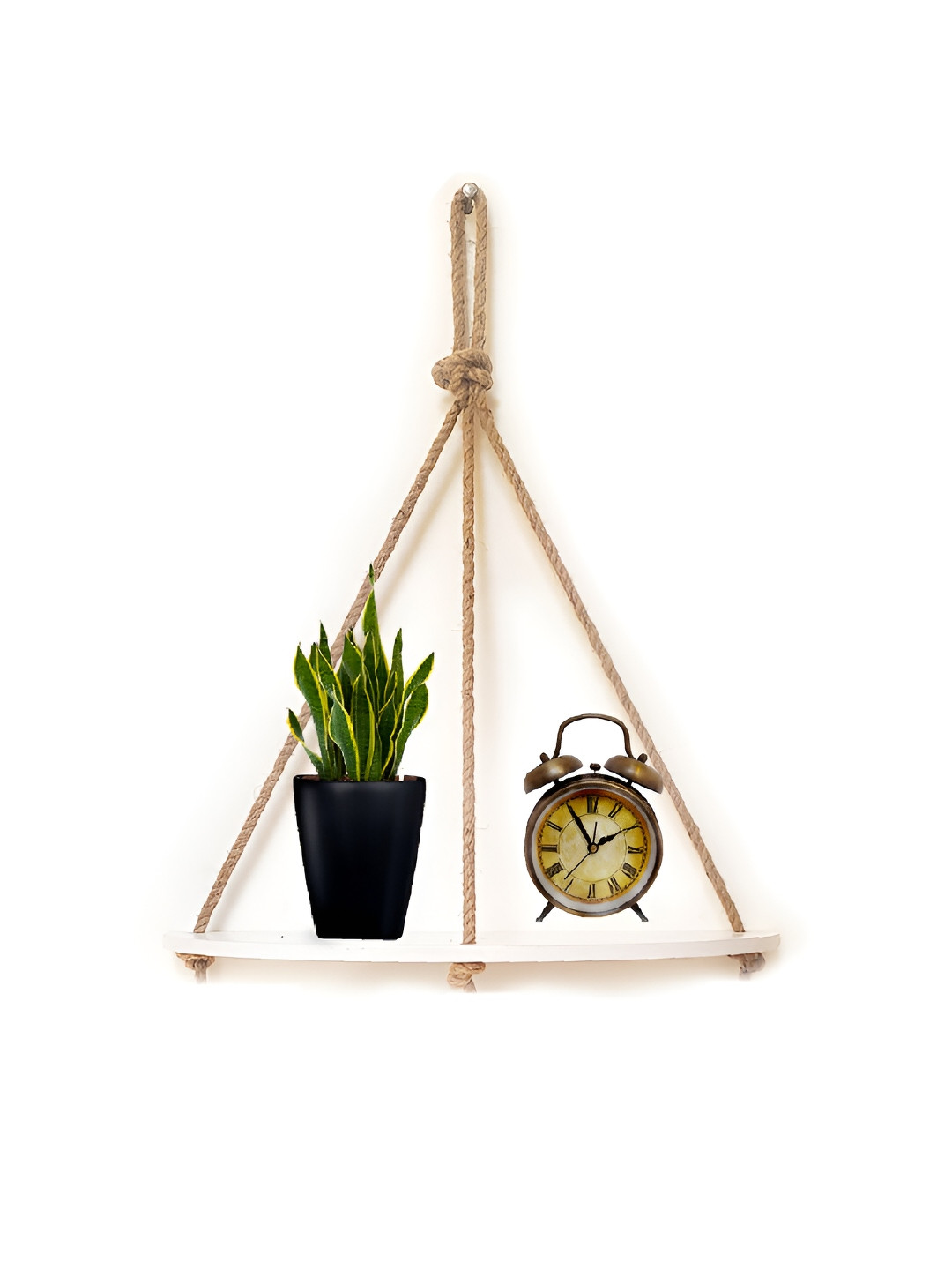 VAH Kya Bat Hai !! White & Beige Wooden & Rope 1 Layer Hanging Wall Shelves