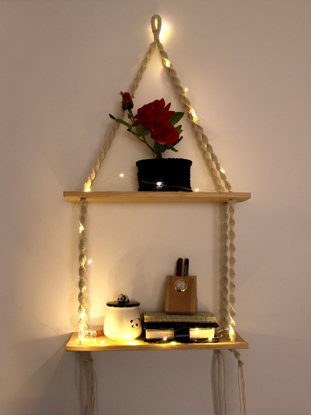 VAH Kya Bat Hai !! Brown Wooden & Macrame 2 Layer Hanging Wall Shelves