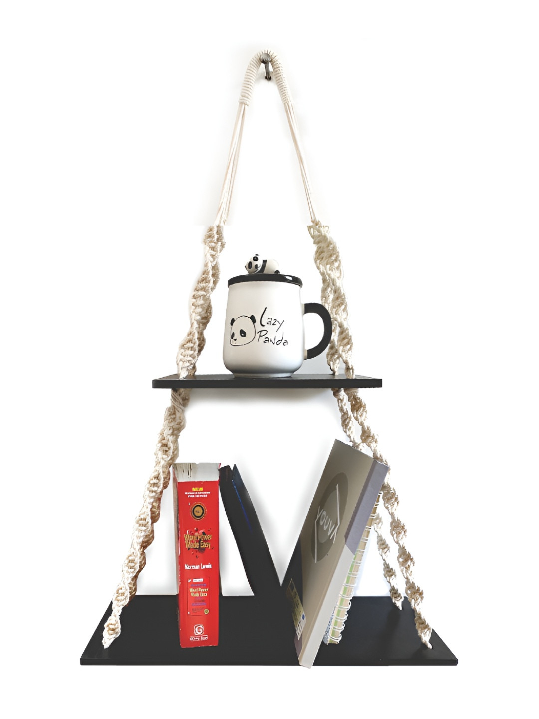 VAH Kya Bat Hai !! Black Wooden & Rope 2 Layer Hanging Wall Shelves