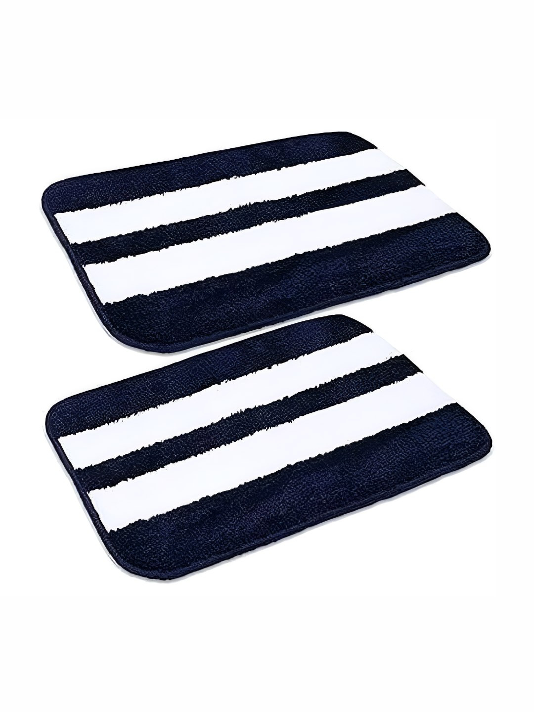 Bajo's 2-Pcs White & Navy Blue Striped Pattern Anti-Skid Quick-Dry Soft Doormats