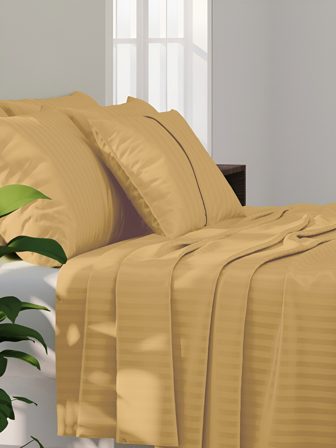 LABHAM Yellow Striped 210 TC King Bedsheet with 2 Pillow Covers