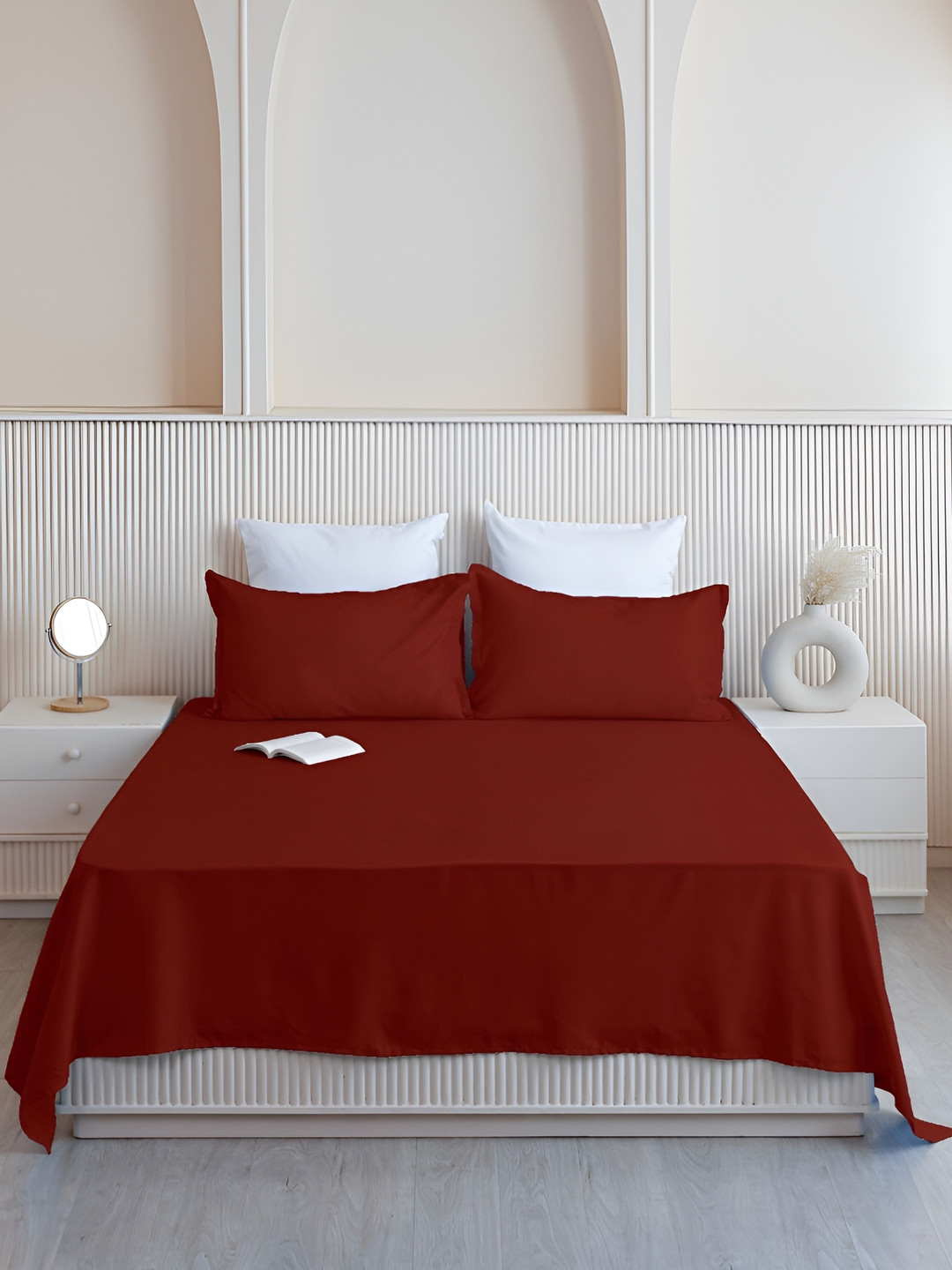 HOMEMONDE Maroon Solid Cotton 210 TC Queen Fine Bedsheet with 2 Pillow Covers-210 x 235 cm
