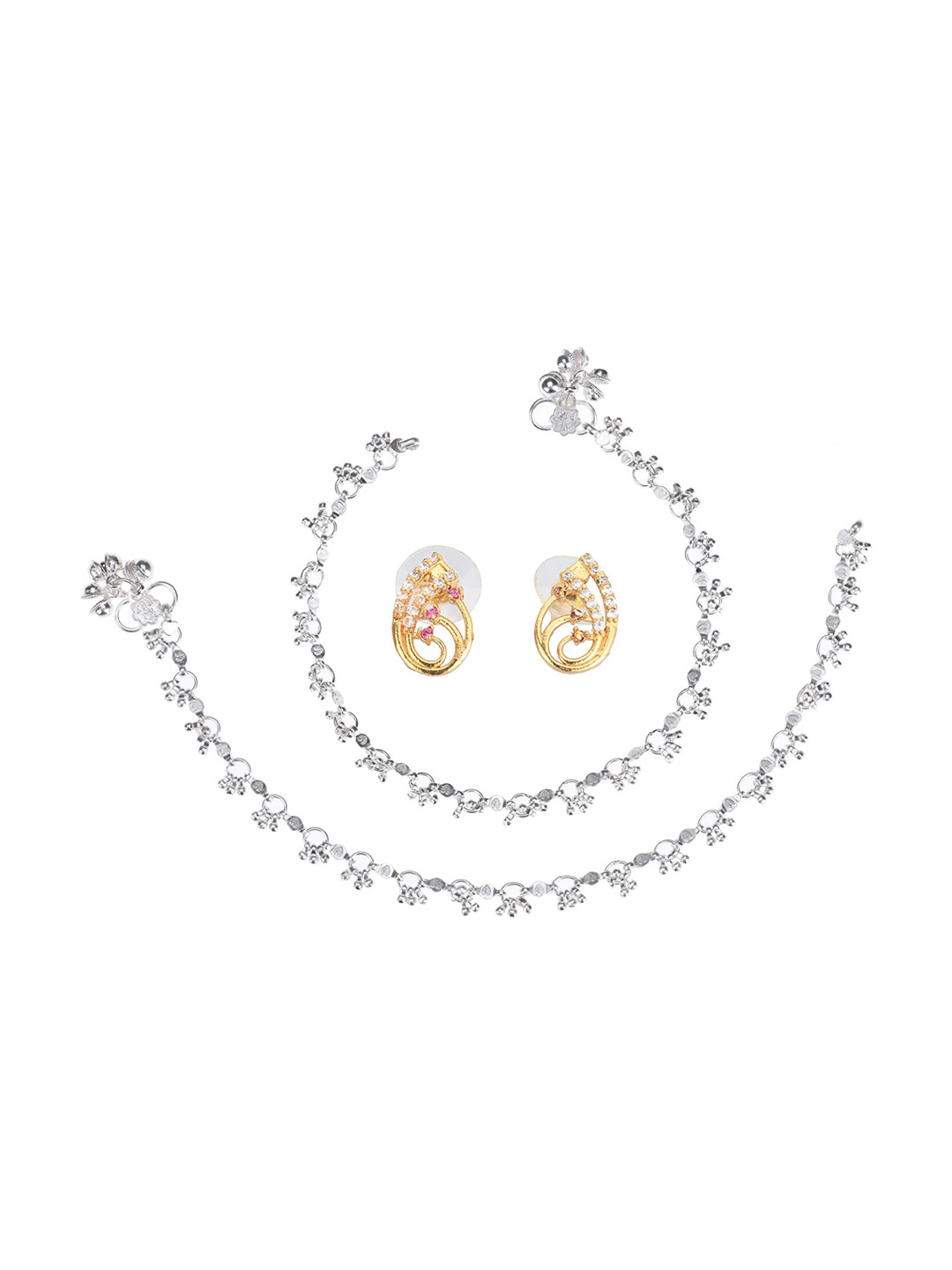 AanyaCentric 2 Silver-Plated Anklets & Gold-Plated AD-Studded Earrings Jewellery Set