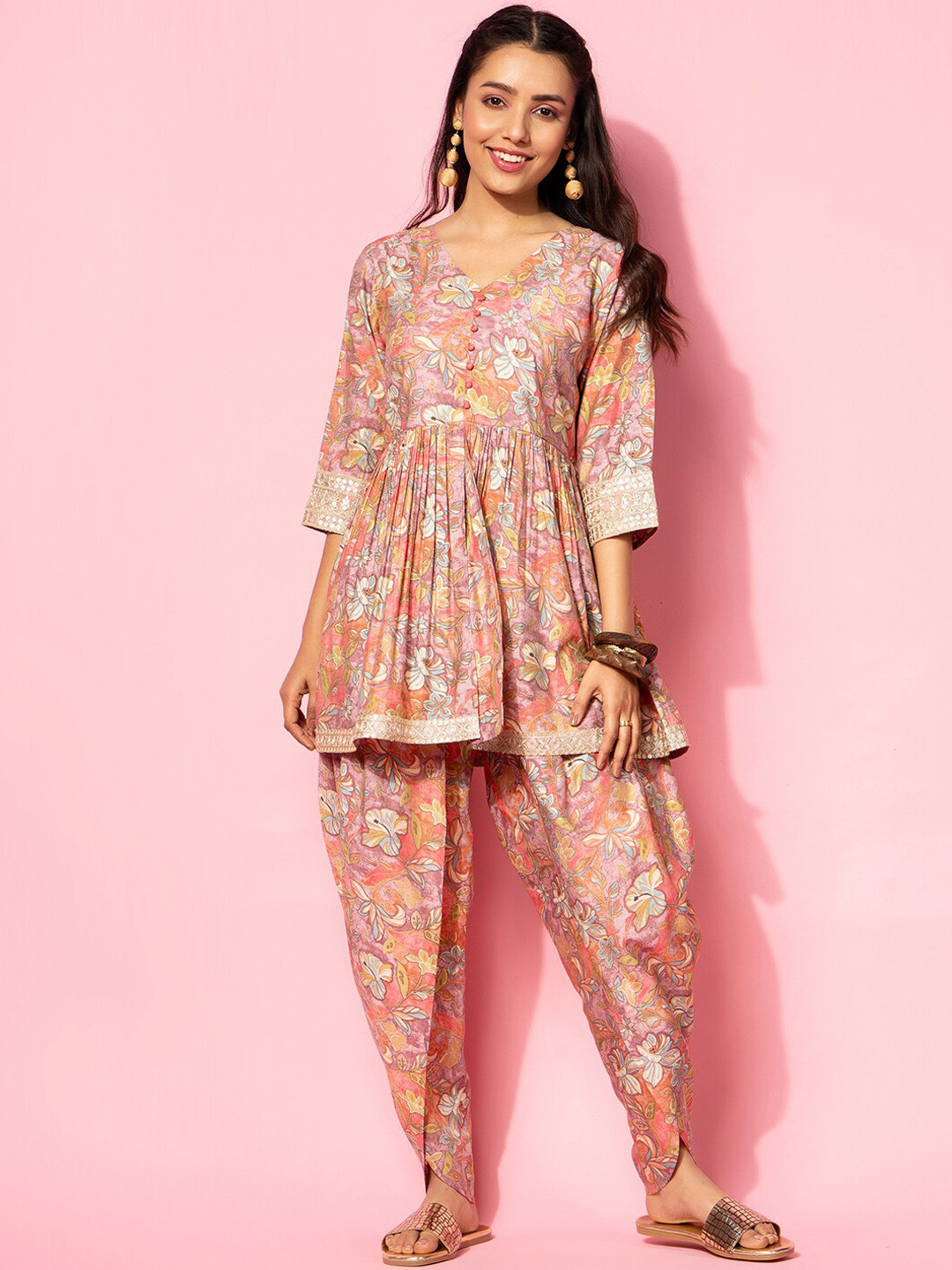 Libas Floral Printed V-Neck Tunic with Dhoti Pant