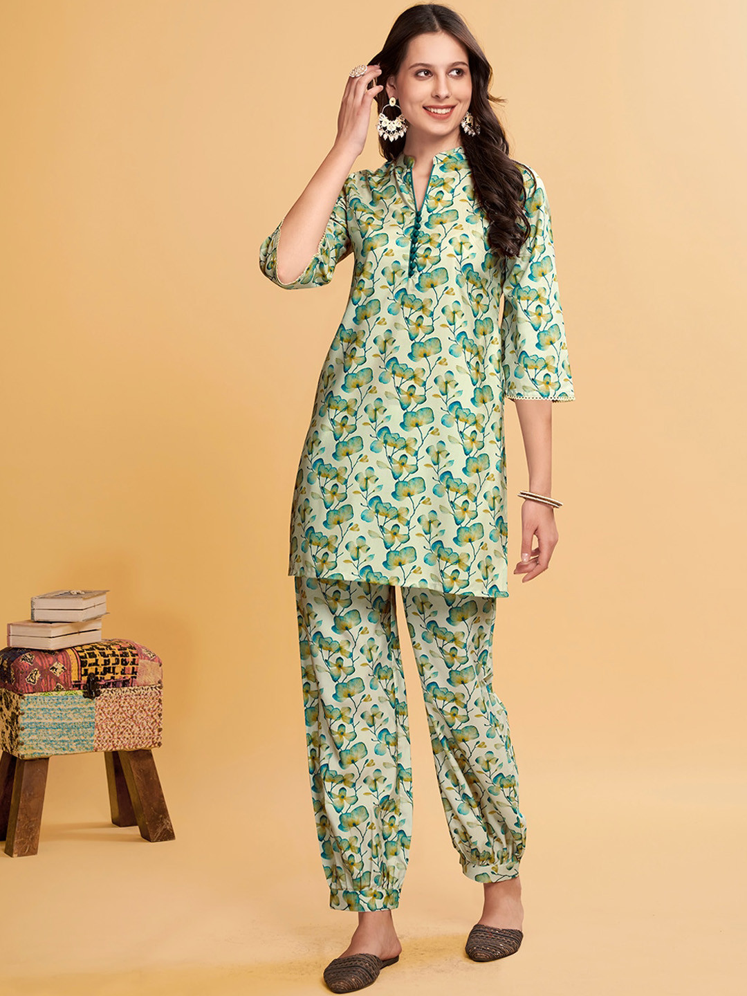 Anouk X fwd Cream-Coloured Floral Printed Mandarin Collar Regular Kurta with Salwar