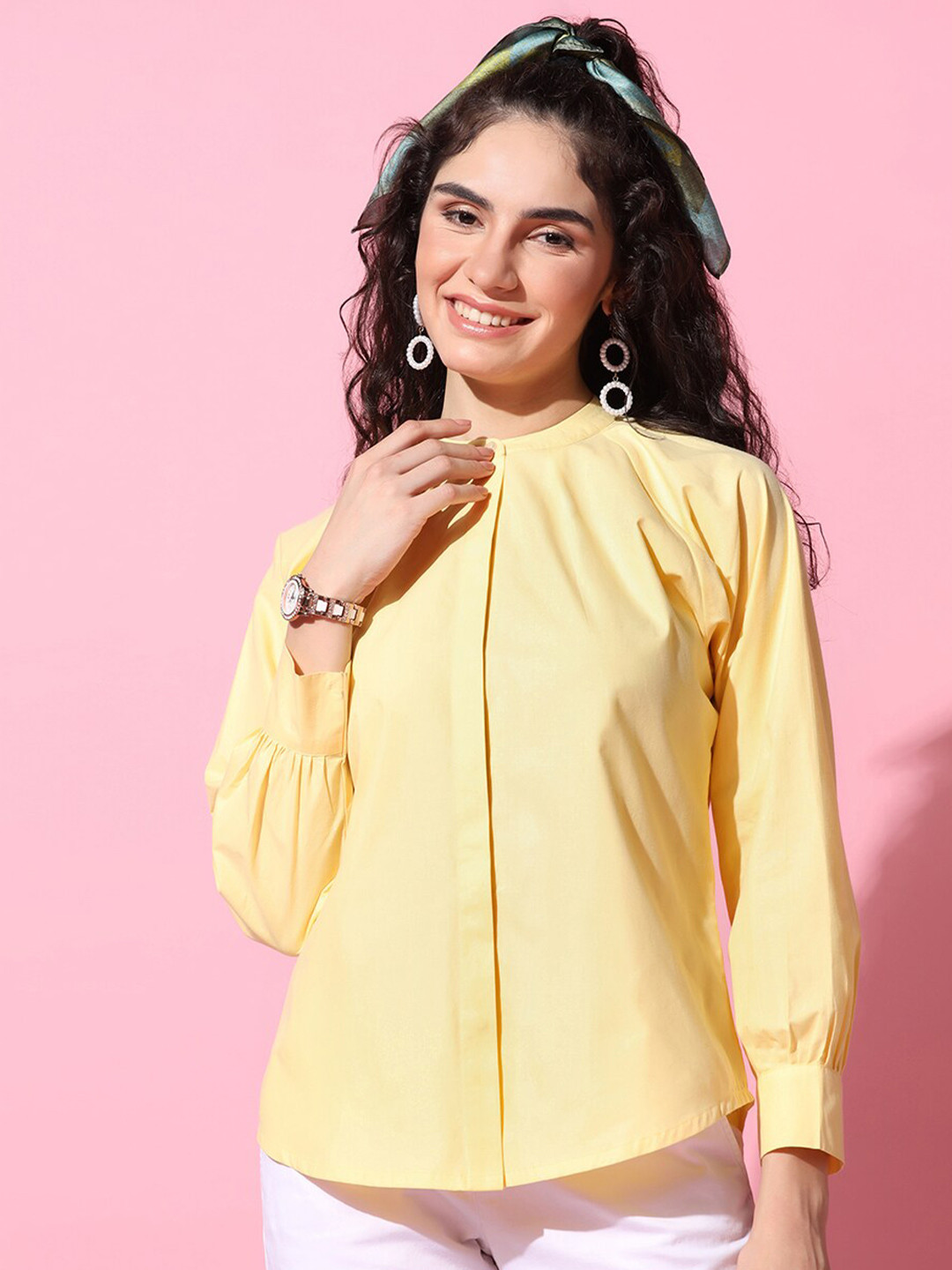 FASHION DREAM Band Collar Cuffed Sleeves Shirt Style Top