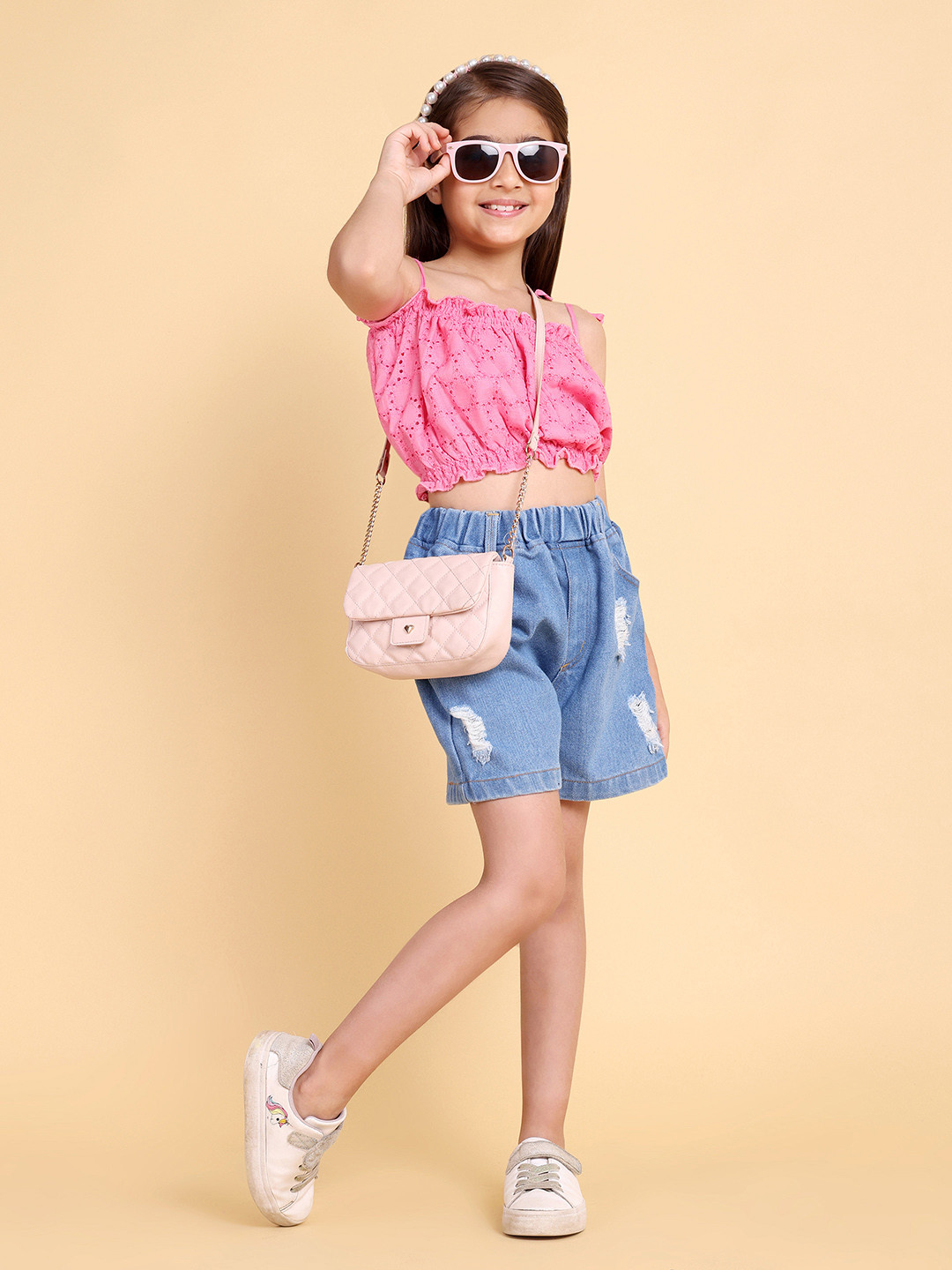 HERE&NOW Pure Cotton Schiffli Crop Top with Denim Shorts