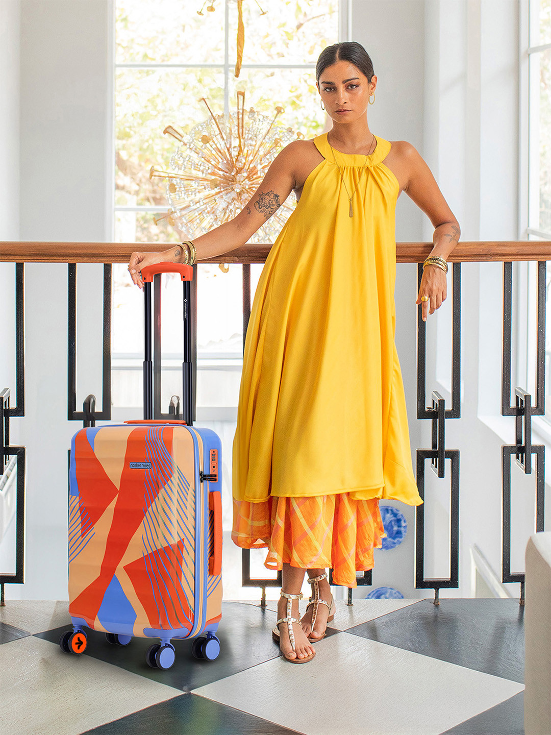 Nasher Miles Chicago Hard-Sided Polycarbonate Cabin Orange-Blue Trolley Bag - 20Inch 55cm