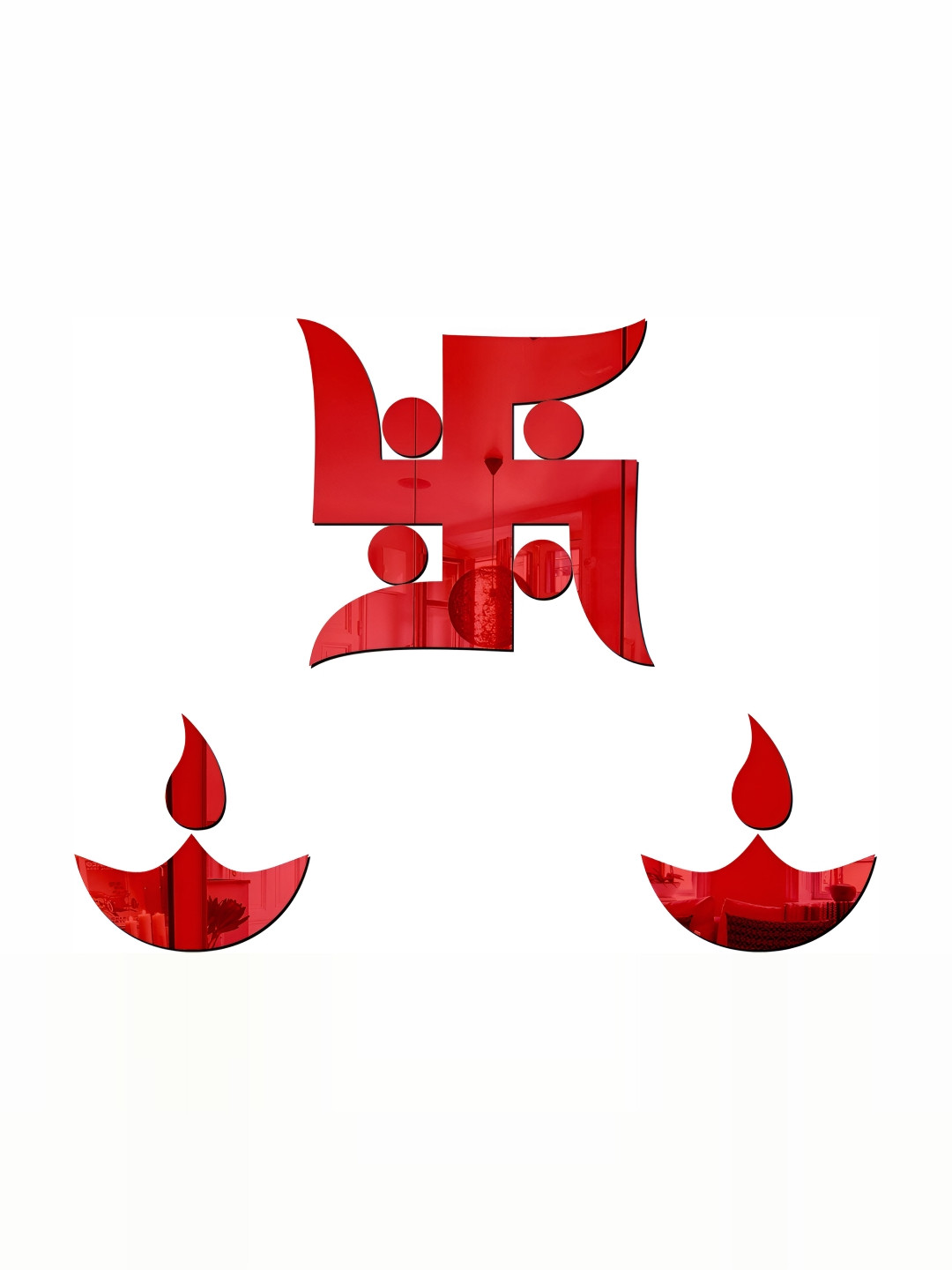 Wall1ders Red Swastik & 2 Diya 3D Mirror Wall Stickers