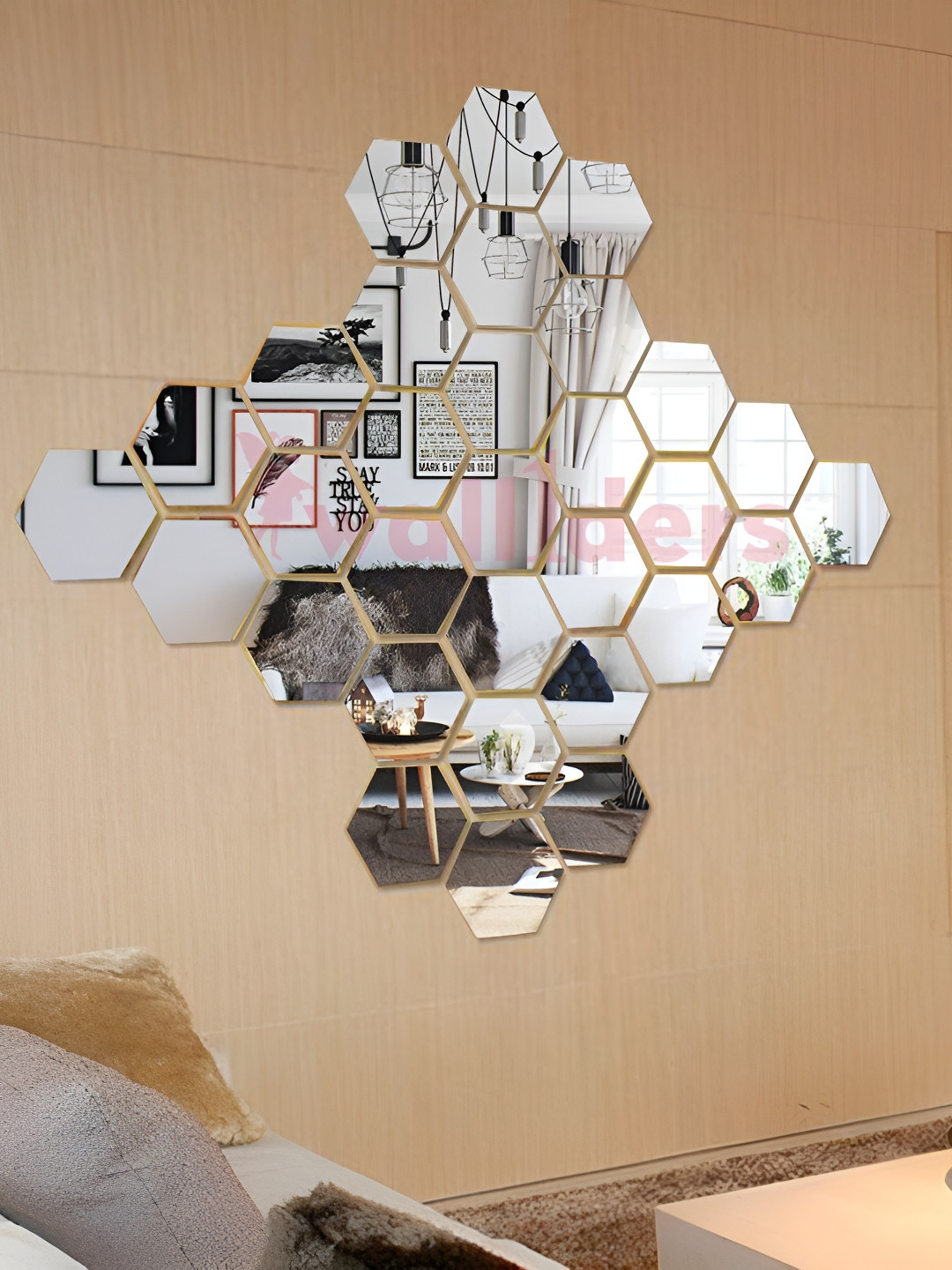 Wall1ders Silver-Toned 30 Hexagon 3D Mirror Wall Stickers