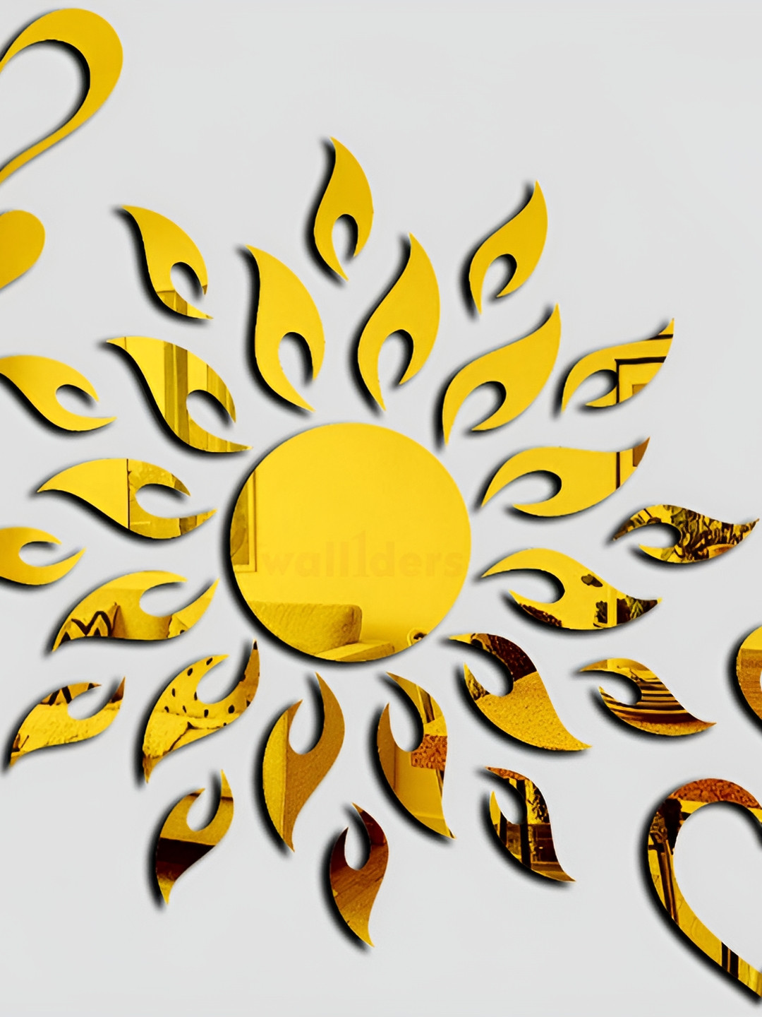 Wall1ders Gold-Toned 2 Pieces Sun Golden With Love Heart Mirror Wall Stickers