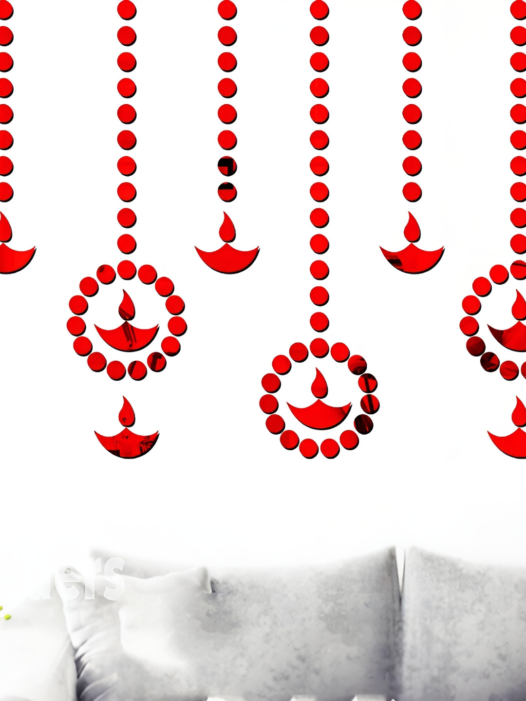 Wall1ders Red 210 Pieces Dots & Diya 3D Acrylic Mirror Wall Stickers