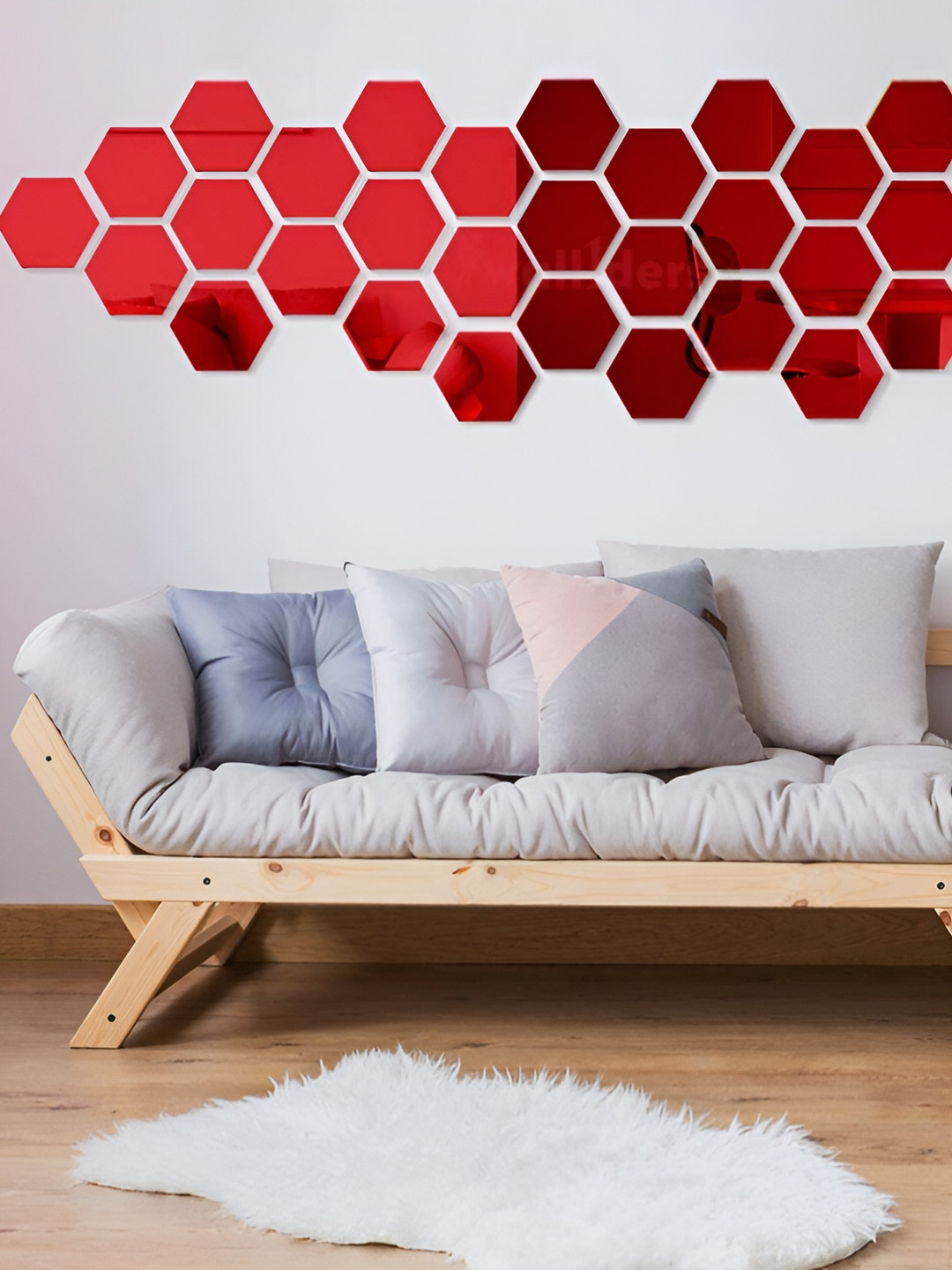 Wall1ders Red 31 Pcs Hexagon Mirror Wall Sticker