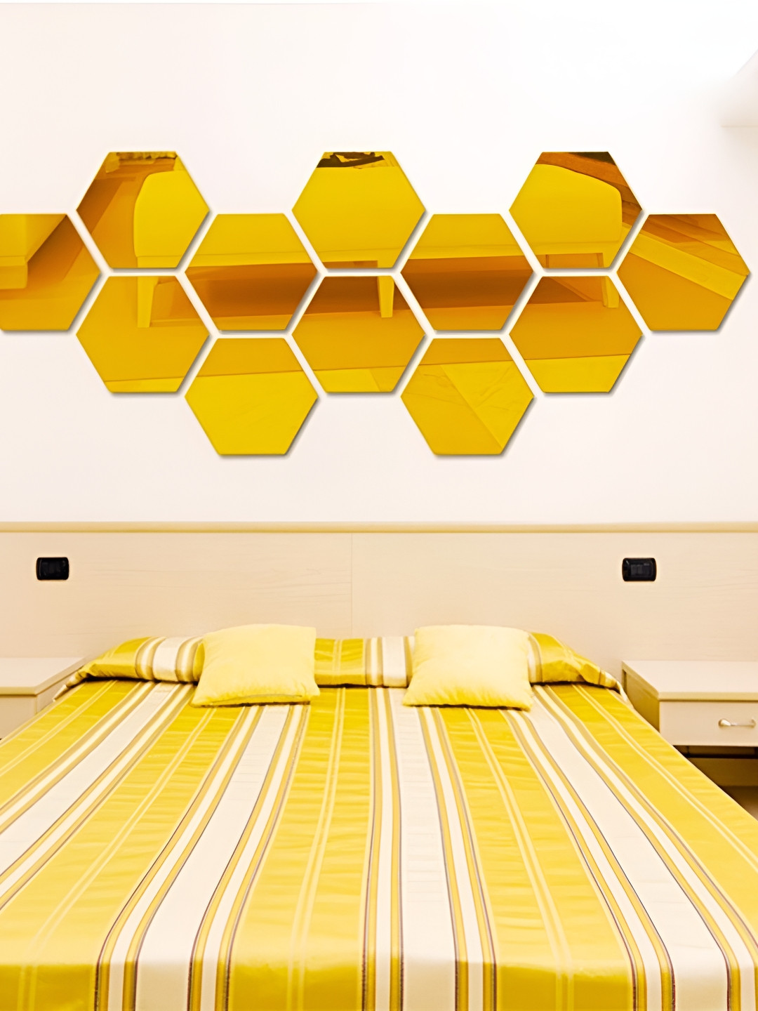 Wall1ders Beige 12-Pcs Hexagon Shape Self-Adhesive 3D Acrylic Mirror Wall Stickers