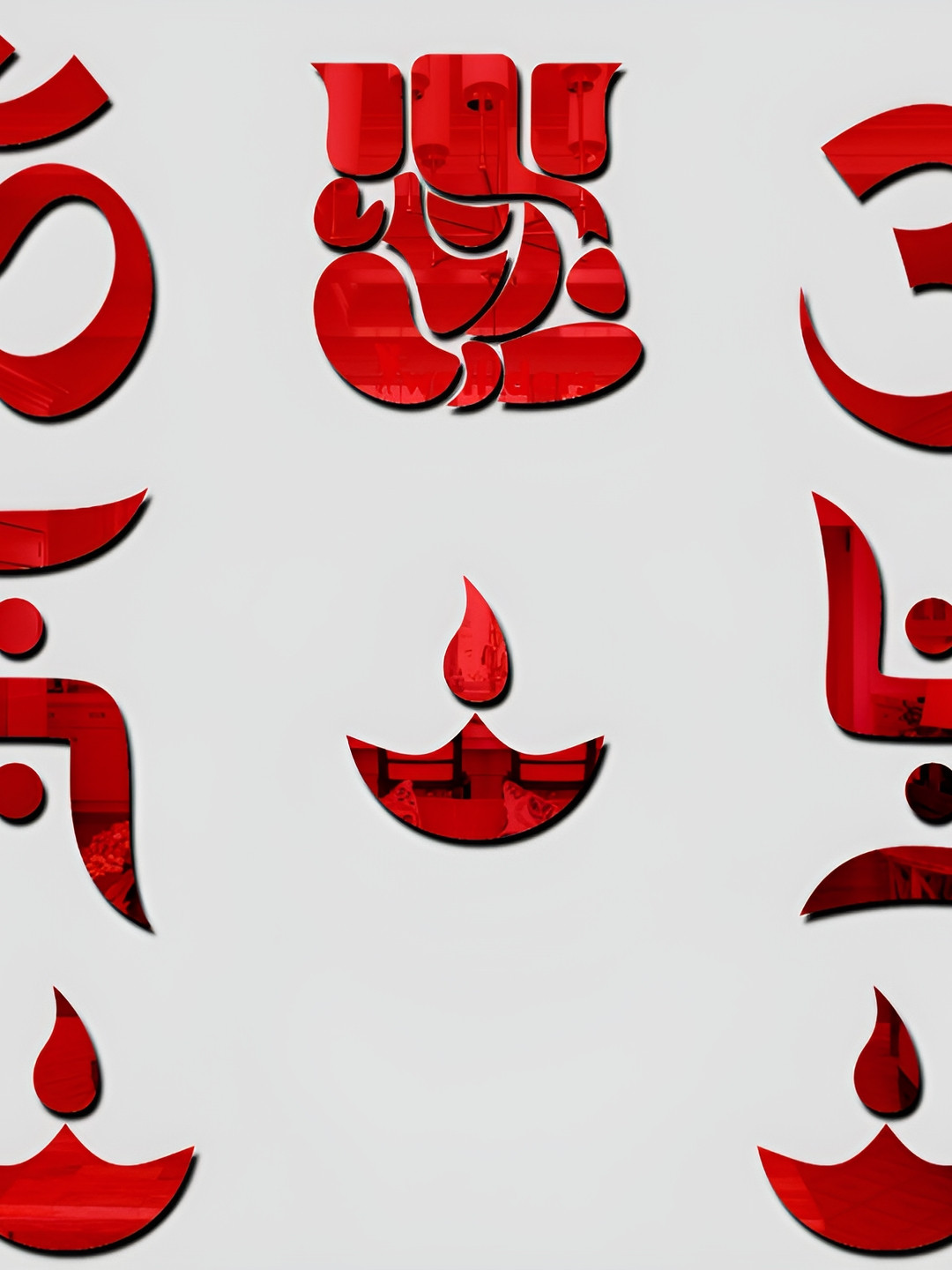 Wall1ders Red Om Swastik & Diya 3D Acrylic Mirror Wall Stickers